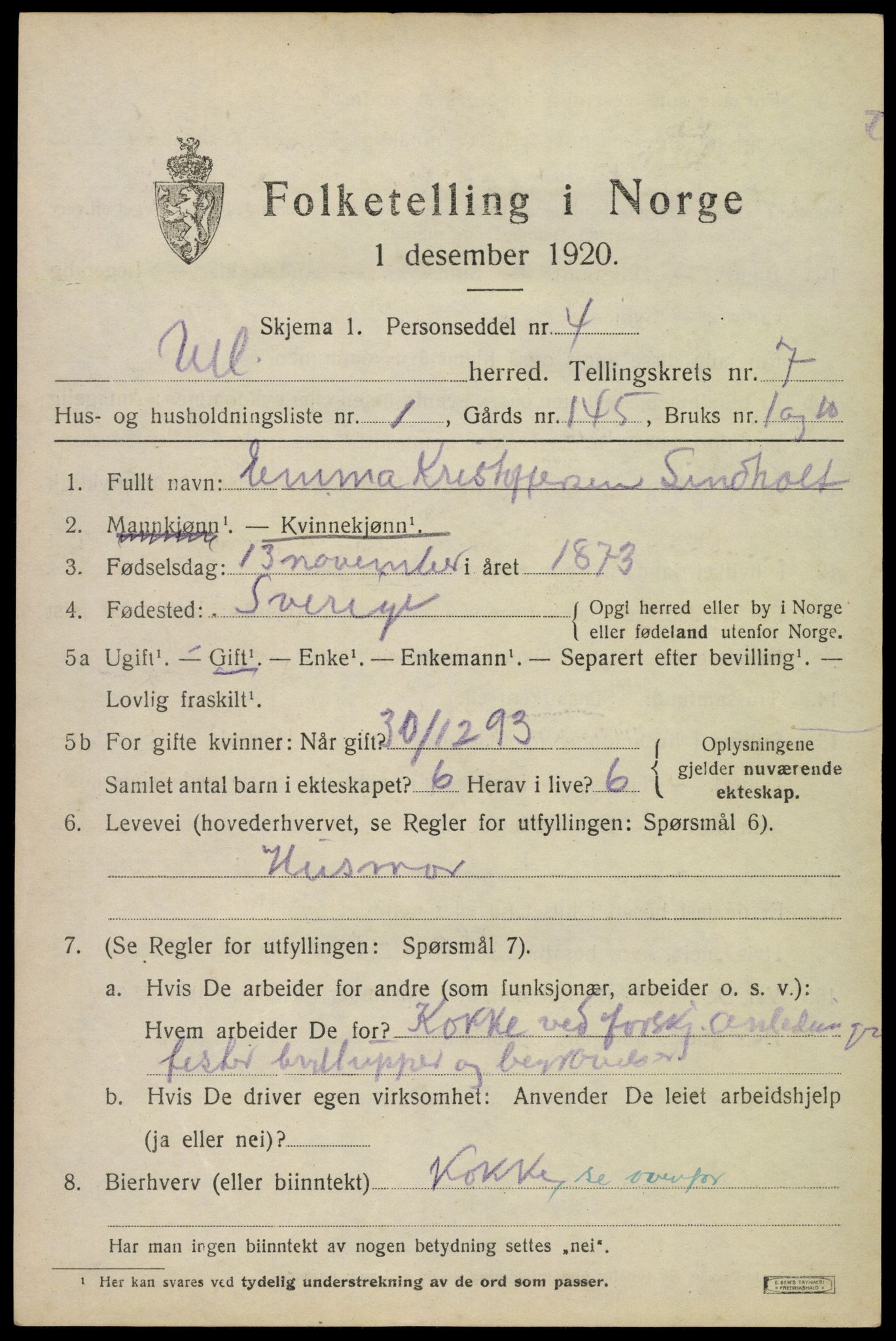 SAO, 1920 census for Ullensaker, 1920, p. 12879