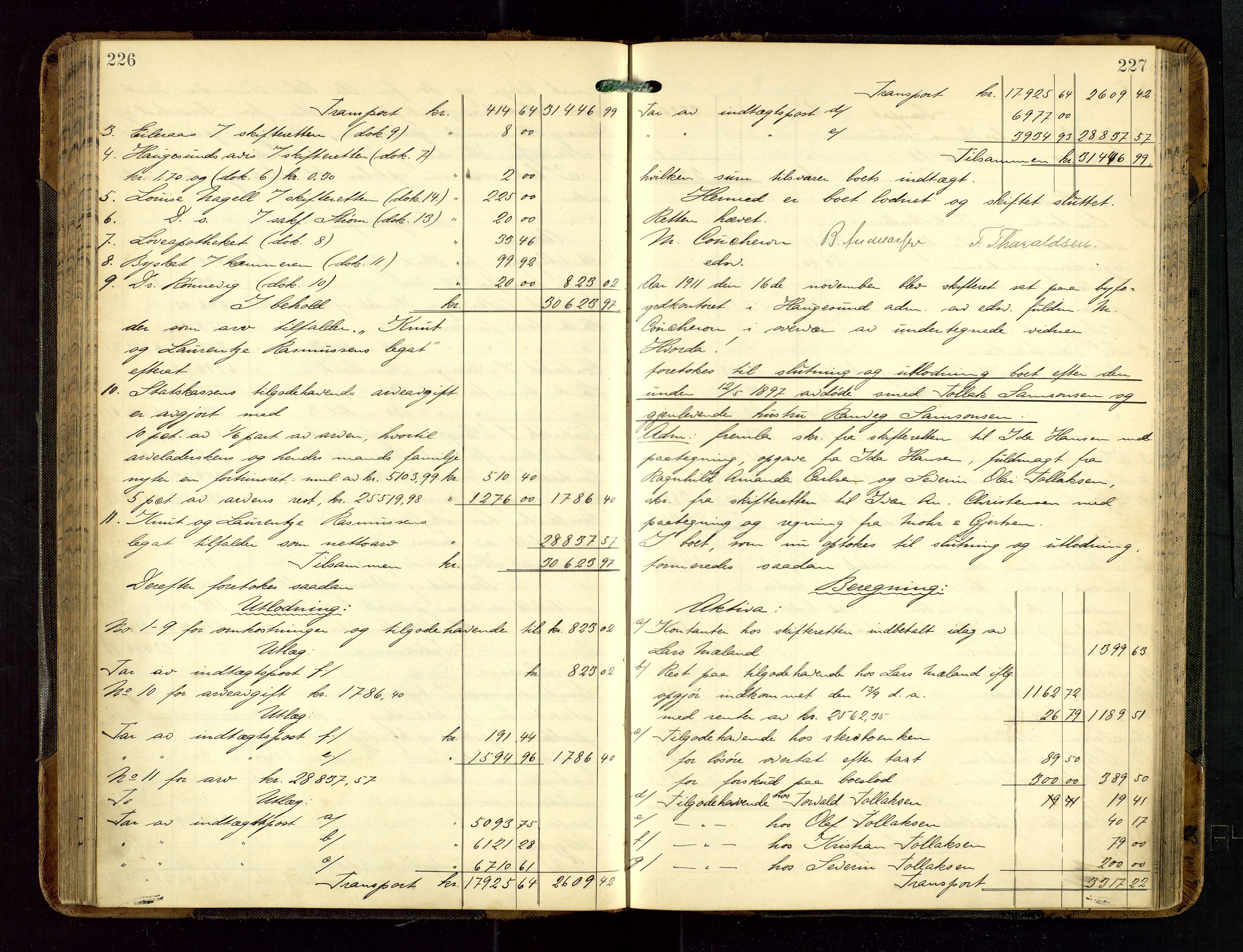 Haugesund tingrett, AV/SAST-A-101415/01/IV/IVD/L0002: Skifteutlodningsprotokoll, med register, 1904-1915, p. 226-227