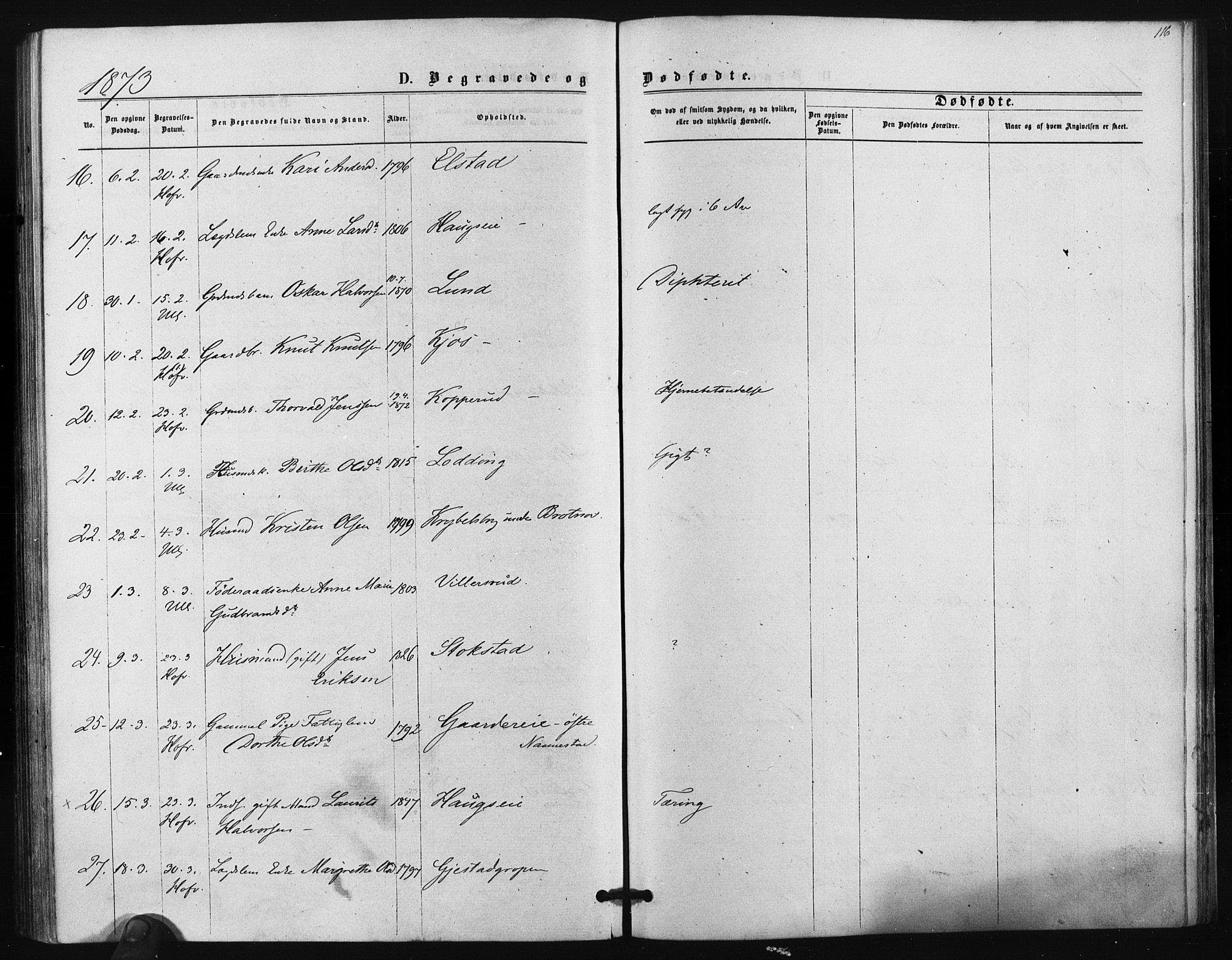 Ullensaker prestekontor Kirkebøker, AV/SAO-A-10236a/F/Fa/L0017: Parish register (official) no. I 17, 1871-1875, p. 116