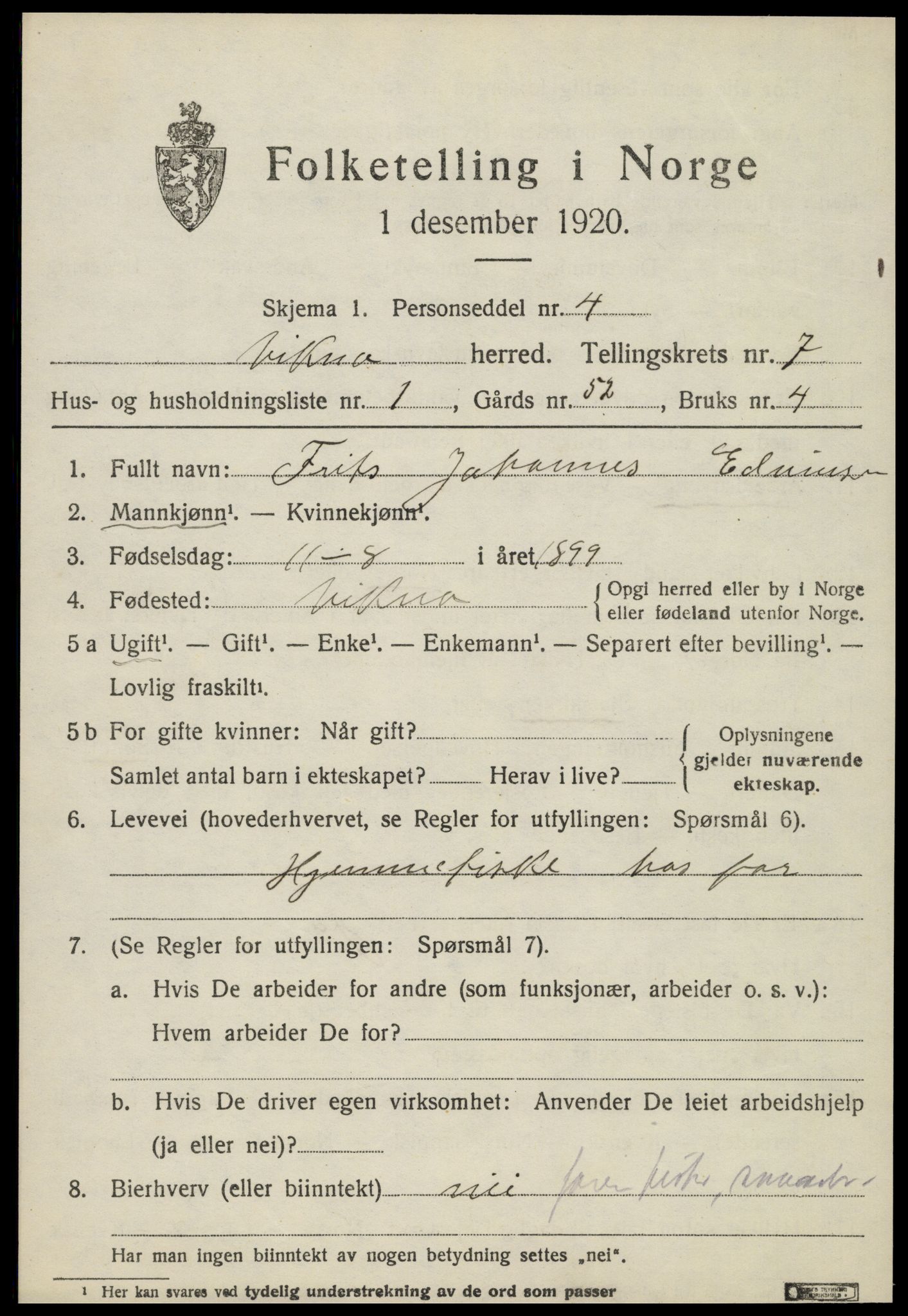 SAT, 1920 census for Vikna, 1920, p. 5481