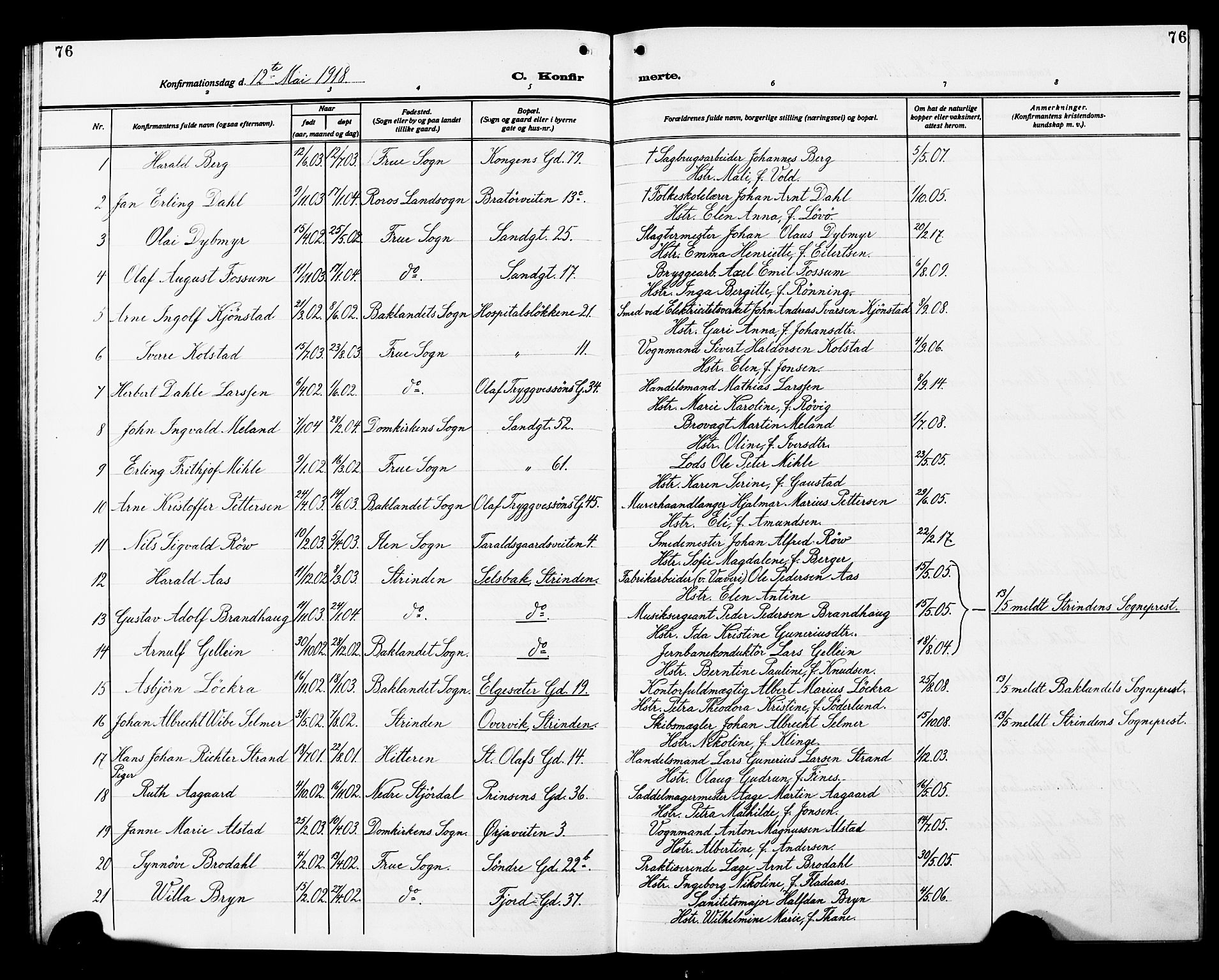 Ministerialprotokoller, klokkerbøker og fødselsregistre - Sør-Trøndelag, SAT/A-1456/602/L0147: Parish register (copy) no. 602C15, 1911-1924, p. 76