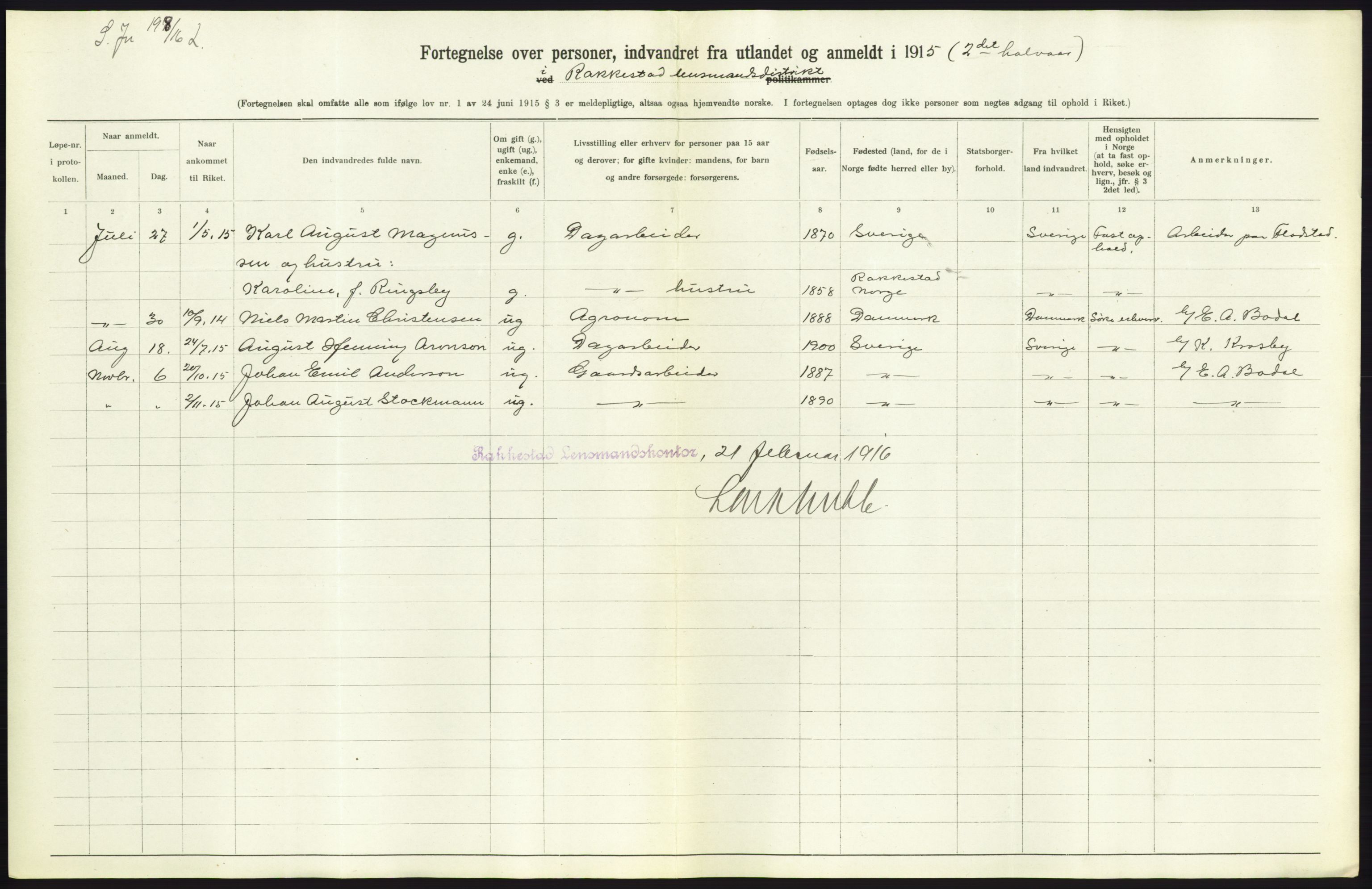 Statistisk sentralbyrå, Sosioøkonomiske emner, Folketellinger, boliger og boforhold, AV/RA-S-2231/F/Fa/L0001: Innvandring. Navn/fylkesvis, 1915, p. 217