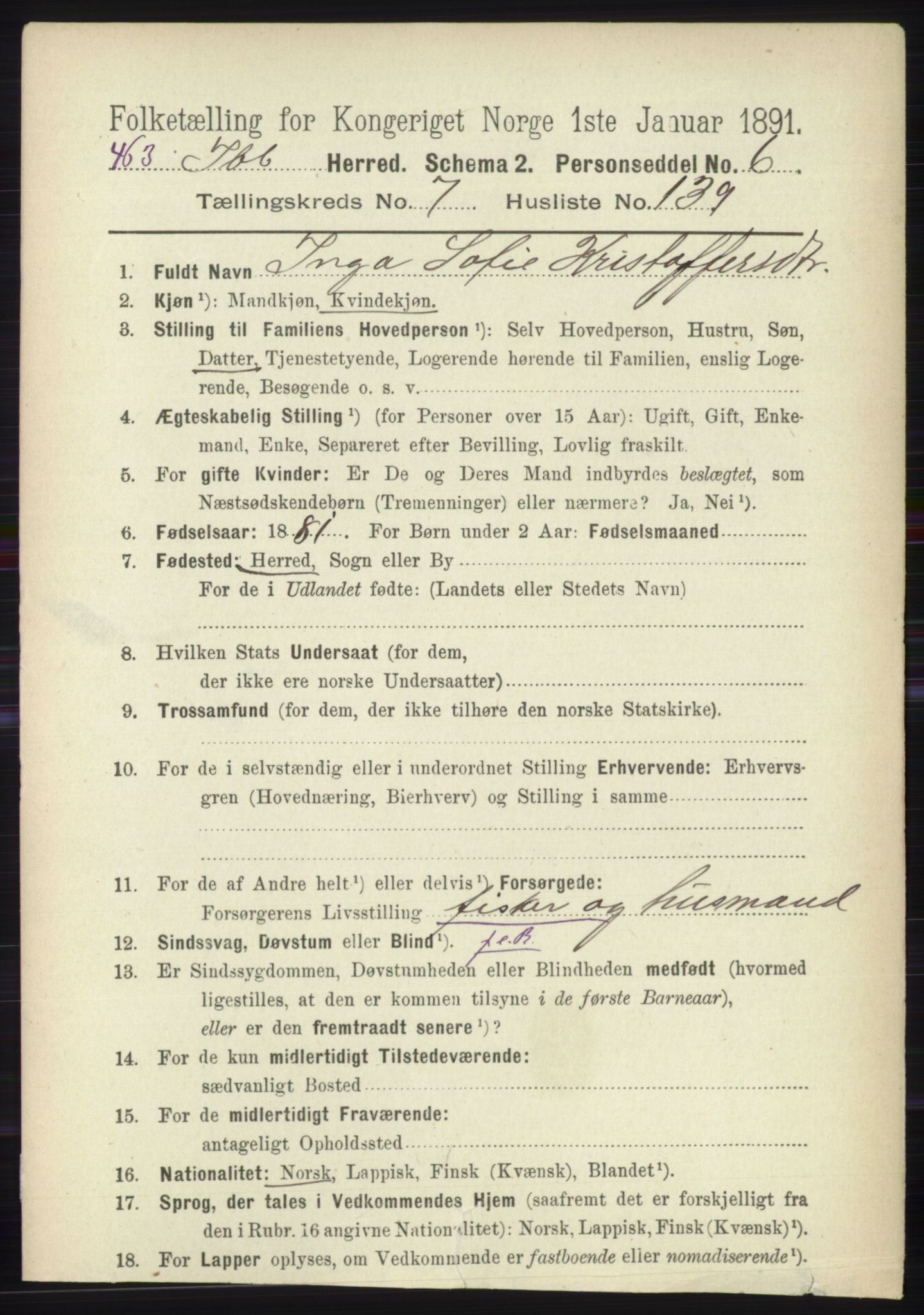 RA, 1891 census for 1917 Ibestad, 1891, p. 5121