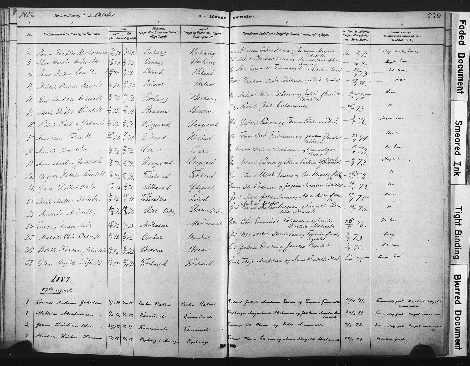 Lista sokneprestkontor, AV/SAK-1111-0027/F/Fa/L0012: Parish register (official) no. A 12, 1879-1903, p. 279