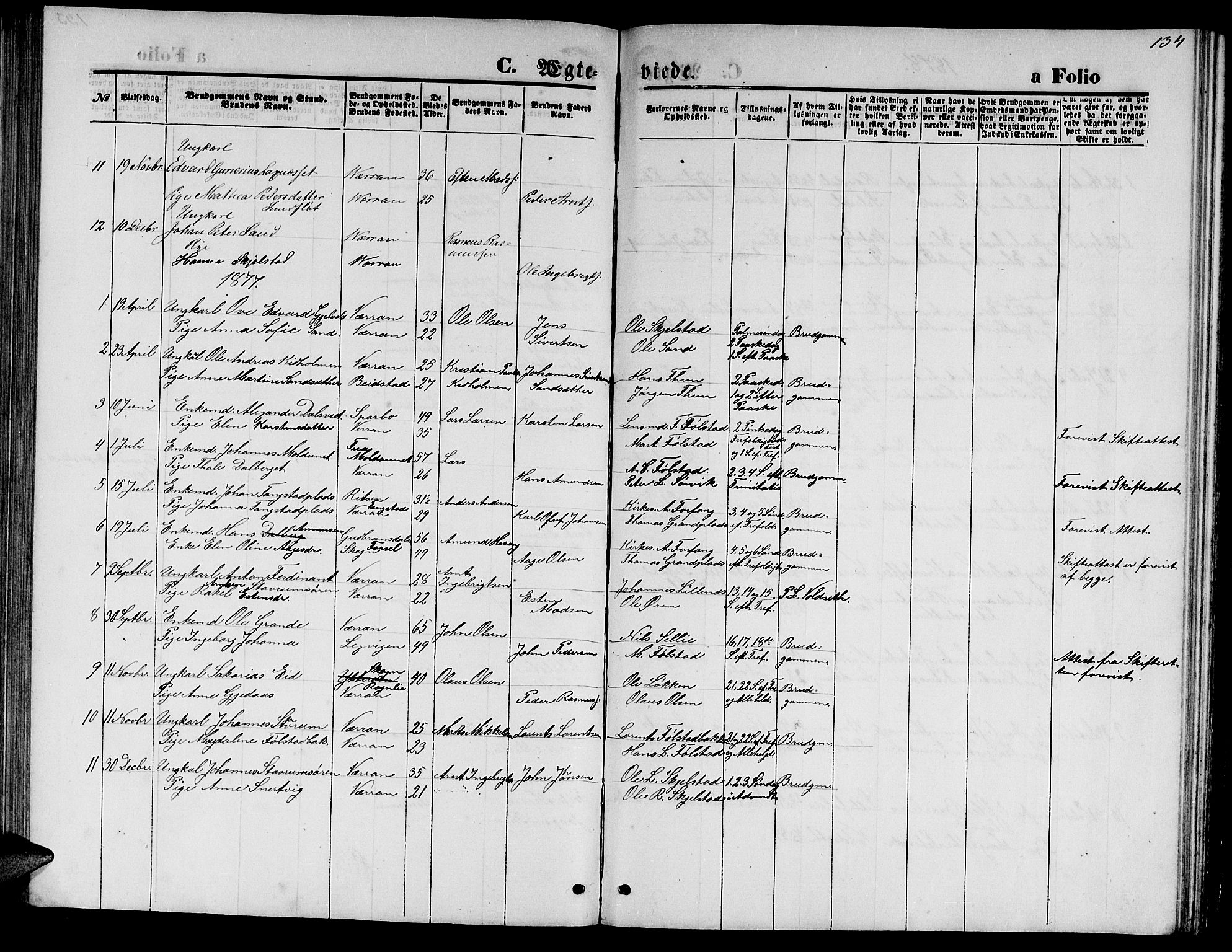 Ministerialprotokoller, klokkerbøker og fødselsregistre - Nord-Trøndelag, SAT/A-1458/744/L0422: Parish register (copy) no. 744C01, 1871-1885, p. 134