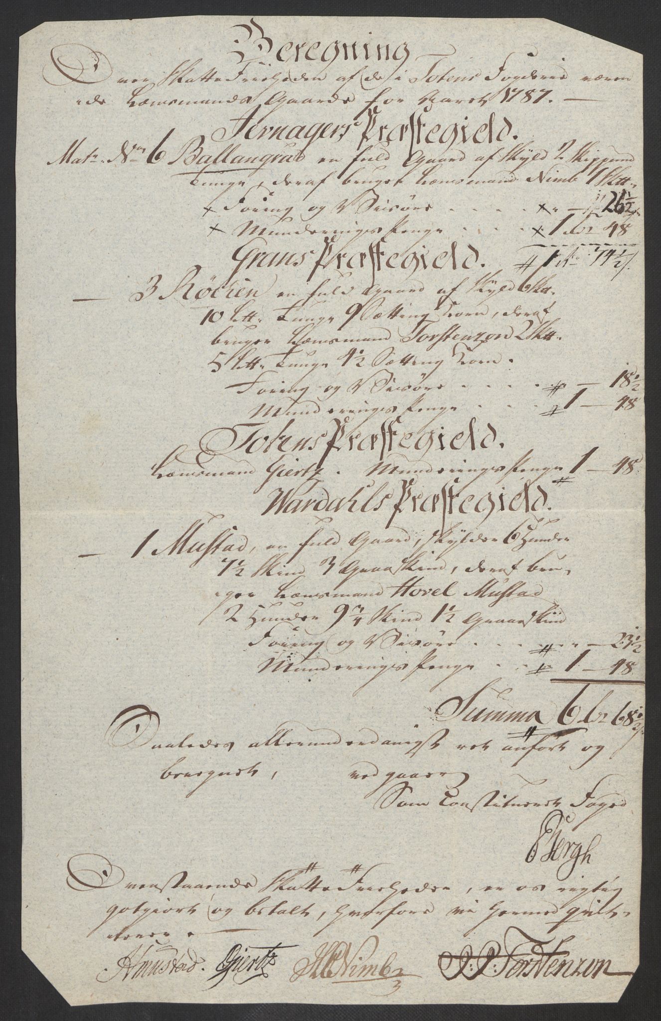 Rentekammeret inntil 1814, Reviderte regnskaper, Fogderegnskap, AV/RA-EA-4092/R19/L1374: Fogderegnskap Toten, Hadeland og Vardal, 1787, p. 272