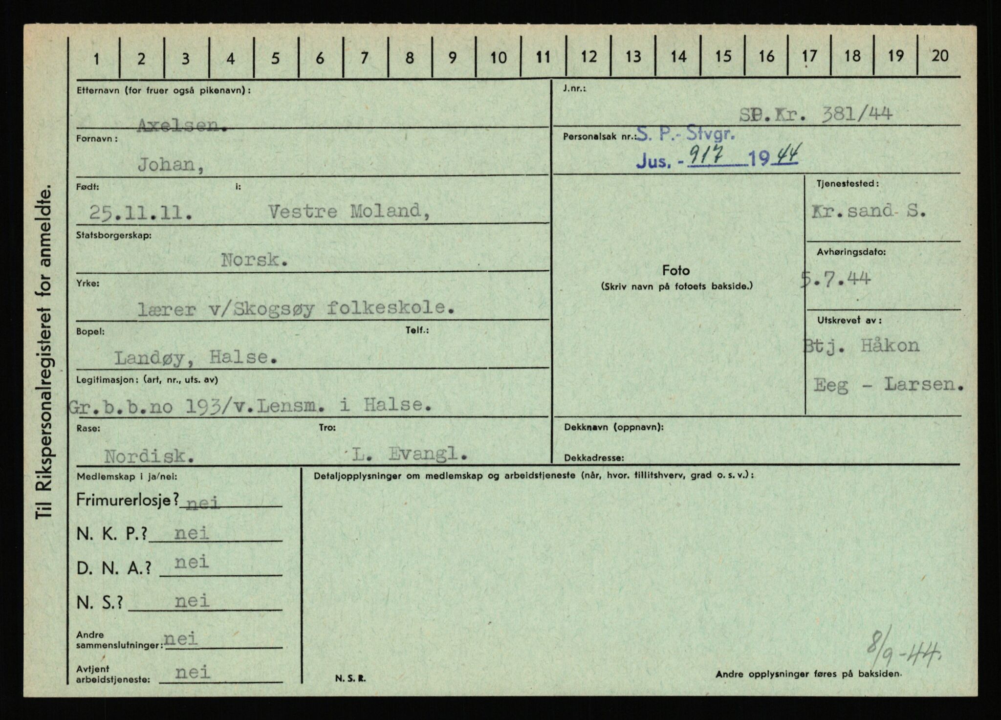 Statspolitiet - Hovedkontoret / Osloavdelingen, AV/RA-S-1329/C/Ca/L0002: Arneberg - Brand, 1943-1945, p. 832