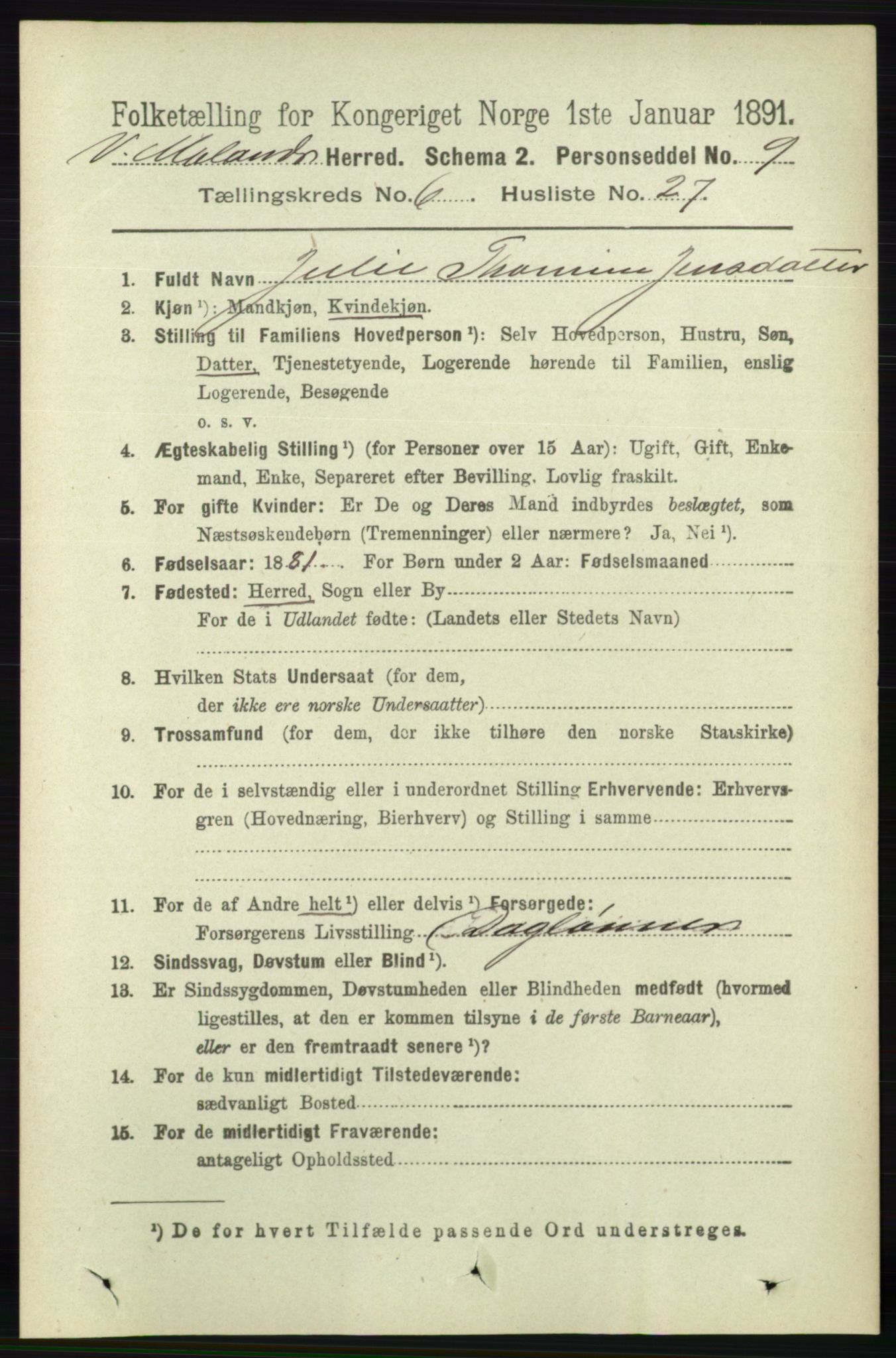 RA, 1891 census for 0926 Vestre Moland, 1891, p. 2480