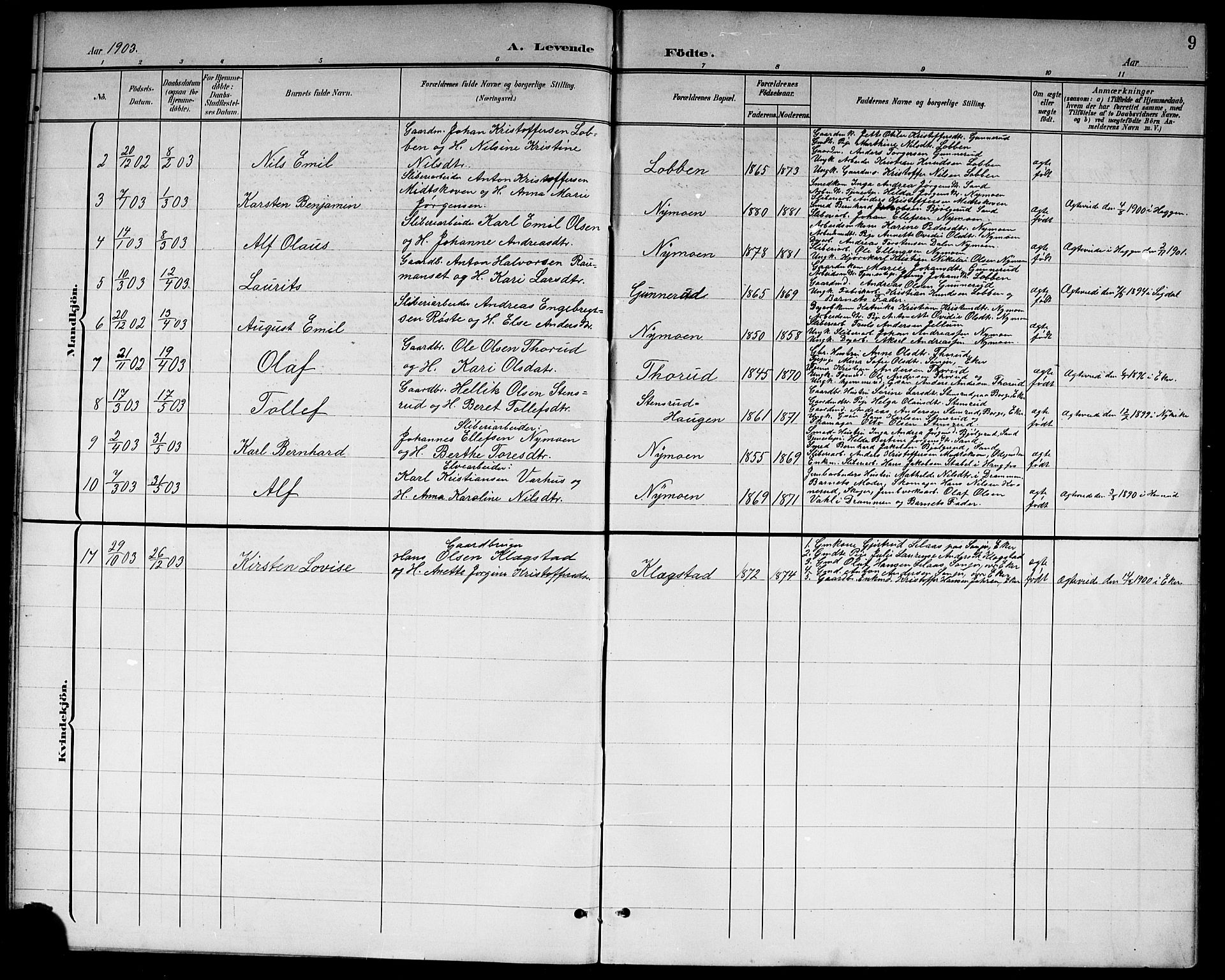 Modum kirkebøker, AV/SAKO-A-234/G/Gc/L0001: Parish register (copy) no. III 1, 1901-1919, p. 9