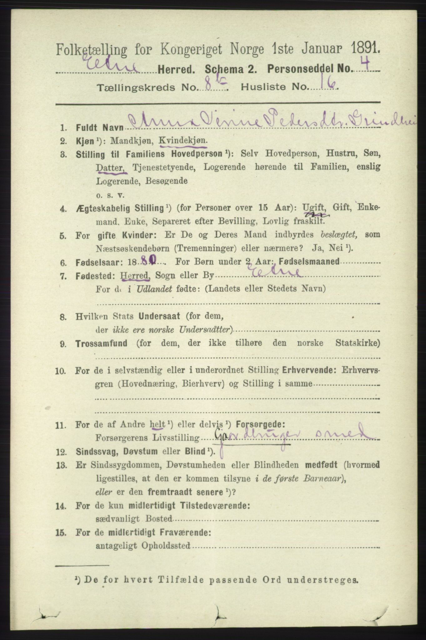 RA, 1891 census for 1211 Etne, 1891, p. 1686