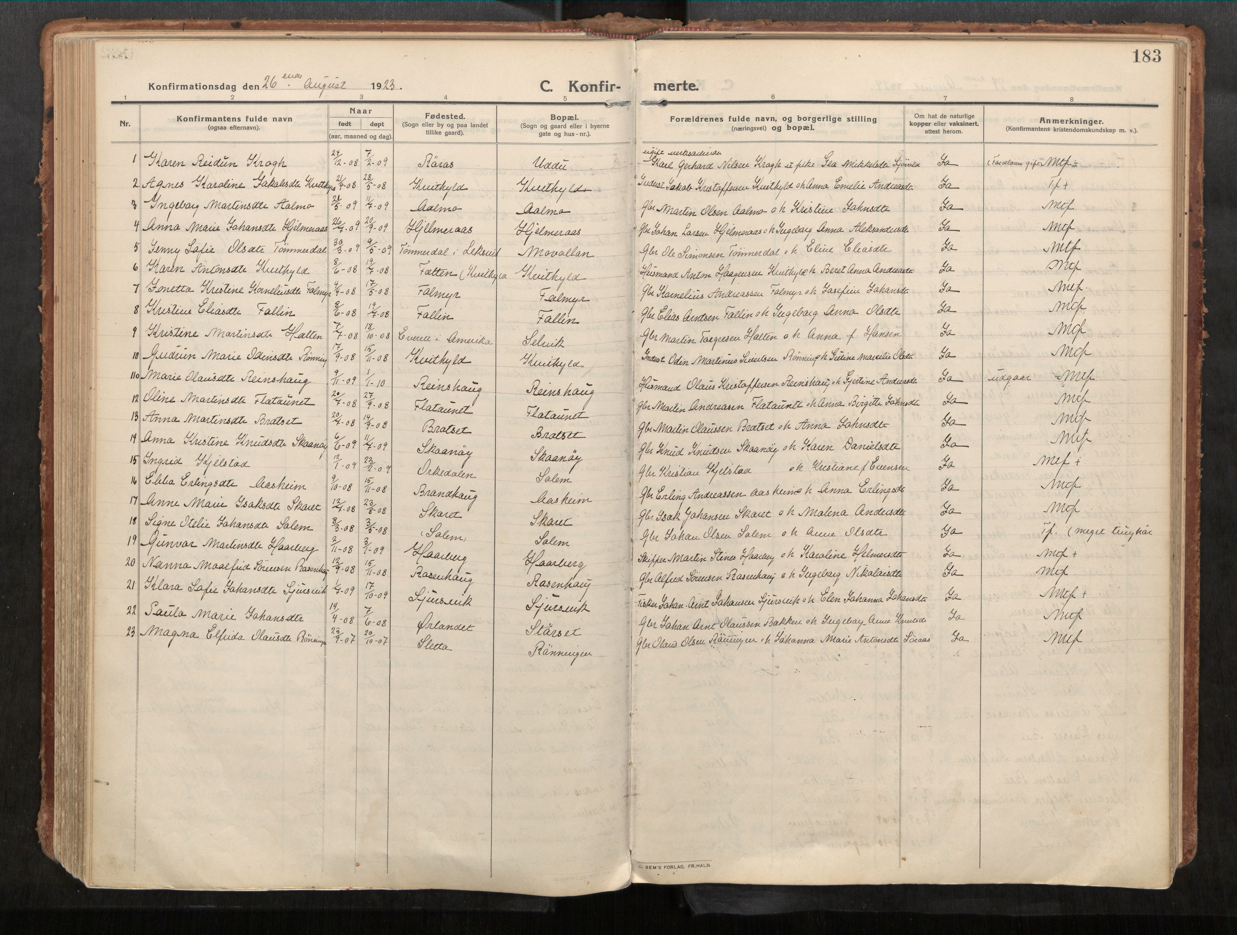 Stadsbygd sokneprestkontor, SAT/A-1117/1/I/I1/I1a/L0001: Parish register (official) no. 1, 1911-1929, p. 183