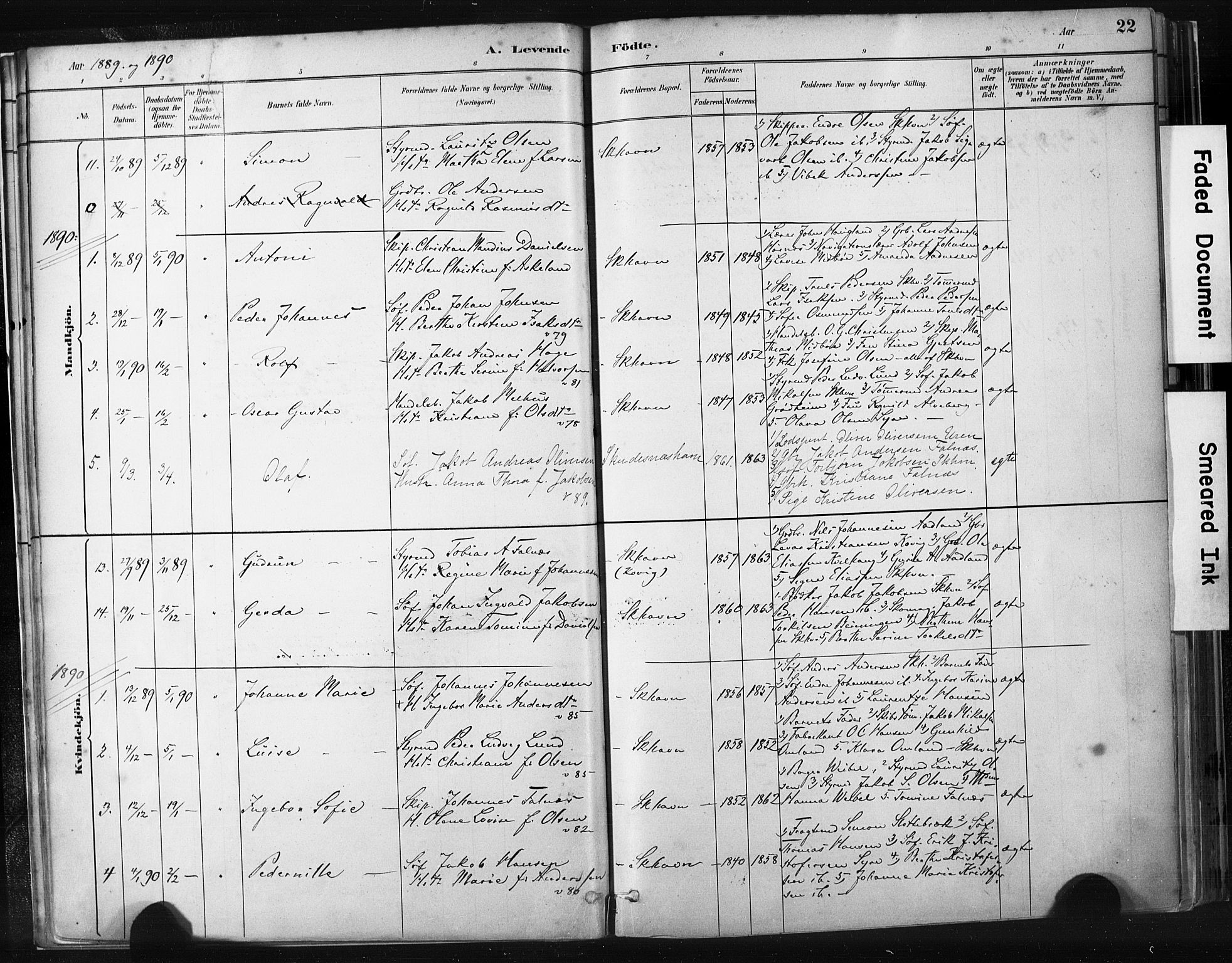 Skudenes sokneprestkontor, AV/SAST-A -101849/H/Ha/Haa/L0008: Parish register (official) no. A 5, 1882-1912, p. 22