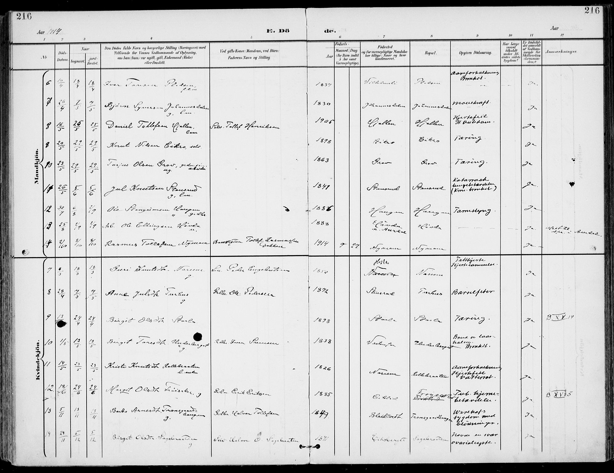 Gol kirkebøker, AV/SAKO-A-226/F/Fa/L0006: Parish register (official) no. I 6, 1901-1918, p. 216