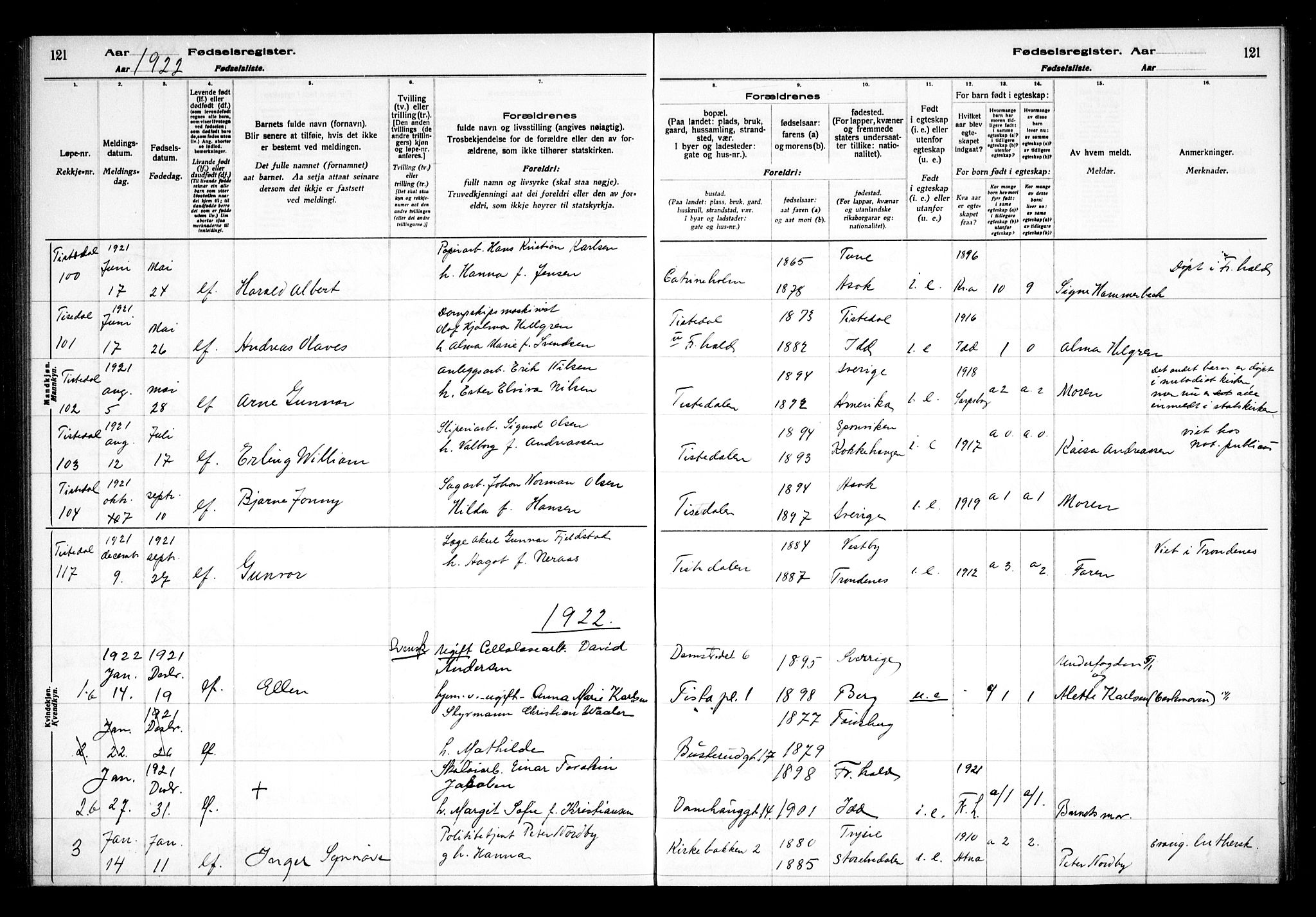 Halden prestekontor Kirkebøker, AV/SAO-A-10909/J/Ja/L0001: Birth register no. I 1, 1916-1925, p. 121