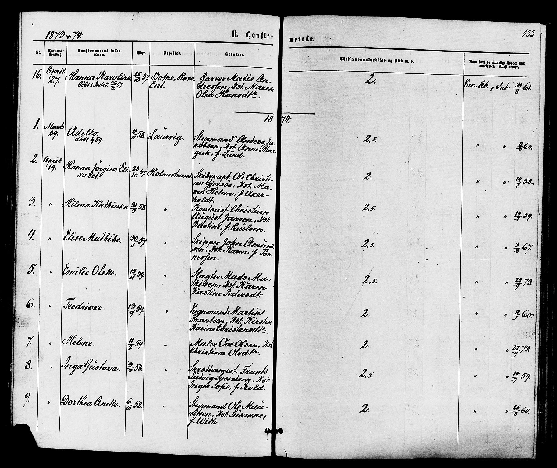 Holmestrand kirkebøker, AV/SAKO-A-346/F/Fa/L0003: Parish register (official) no. 3, 1867-1879, p. 133