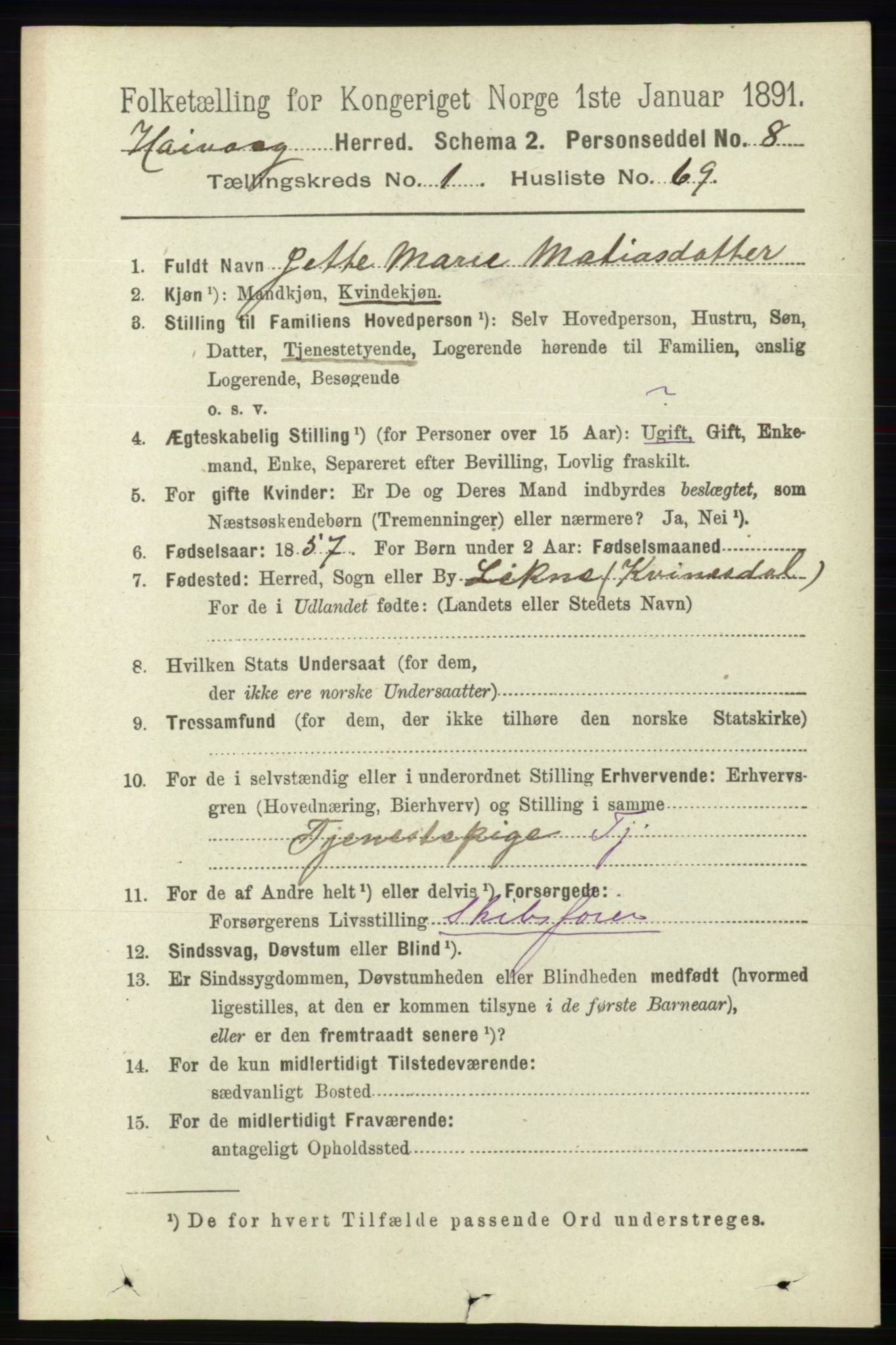 RA, 1891 census for 0927 Høvåg, 1891, p. 455