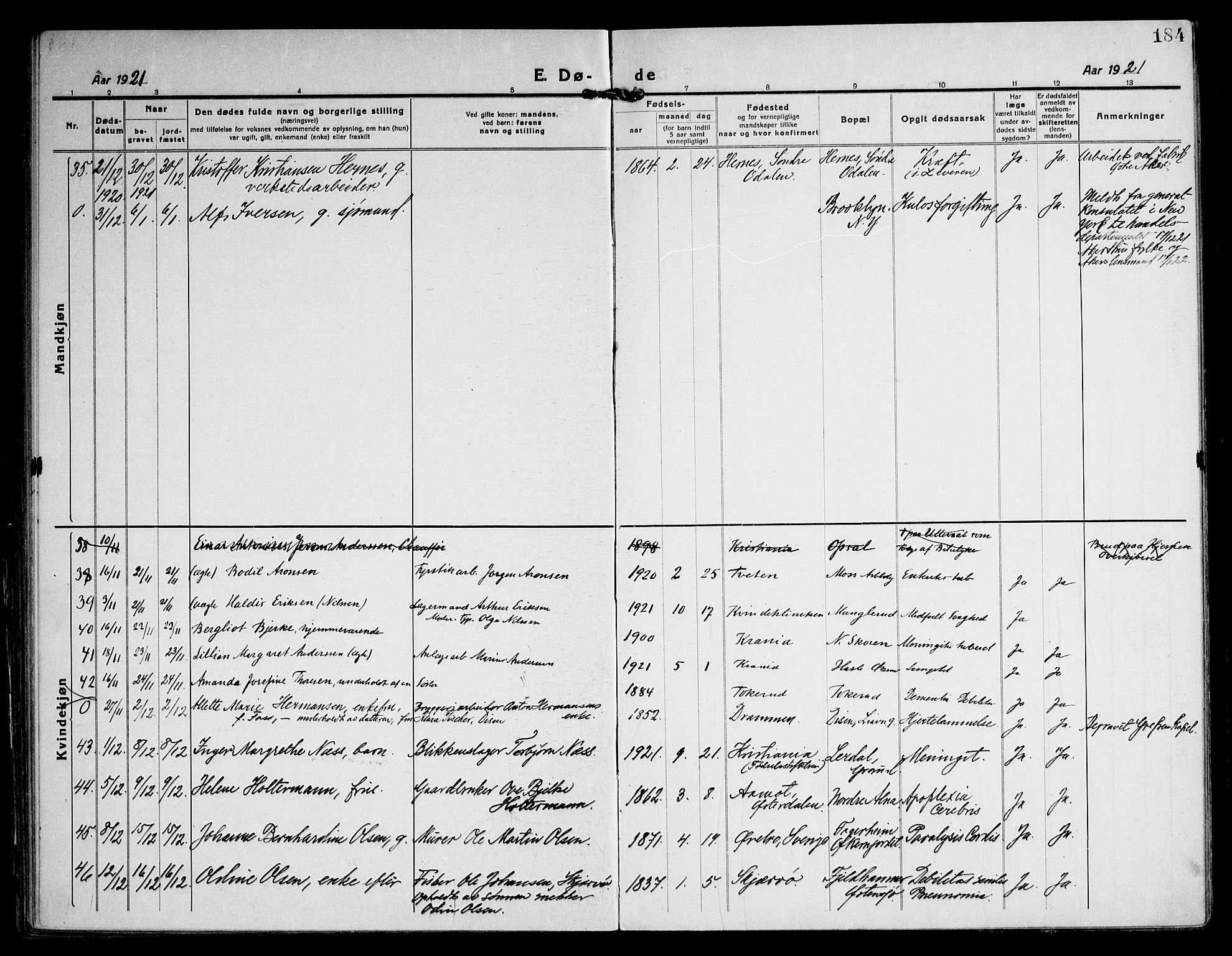 Østre Aker prestekontor Kirkebøker, AV/SAO-A-10840/F/Fa/L0013: Parish register (official) no. I 13, 1918-1929, p. 184