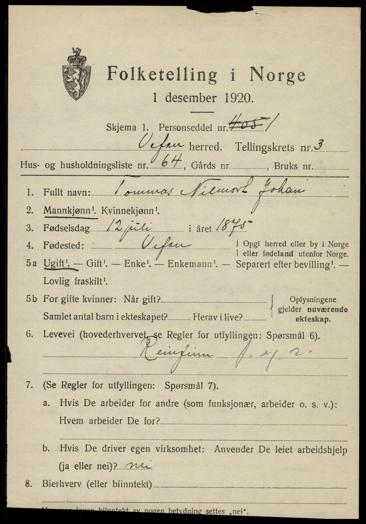 SAT, 1920 census for Vefsn, 1920, p. 2835