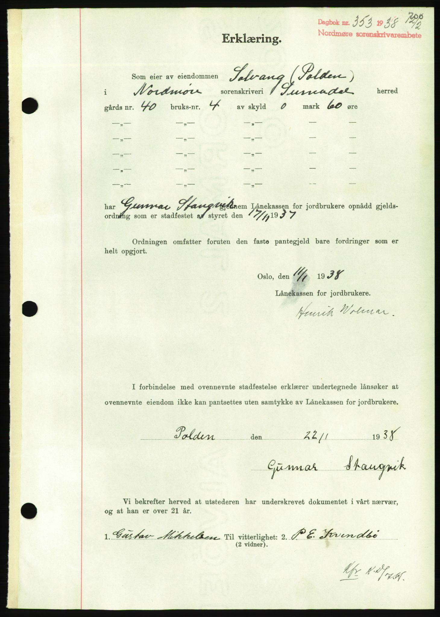 Nordmøre sorenskriveri, AV/SAT-A-4132/1/2/2Ca/L0092: Mortgage book no. B82, 1937-1938, Diary no: : 353/1938