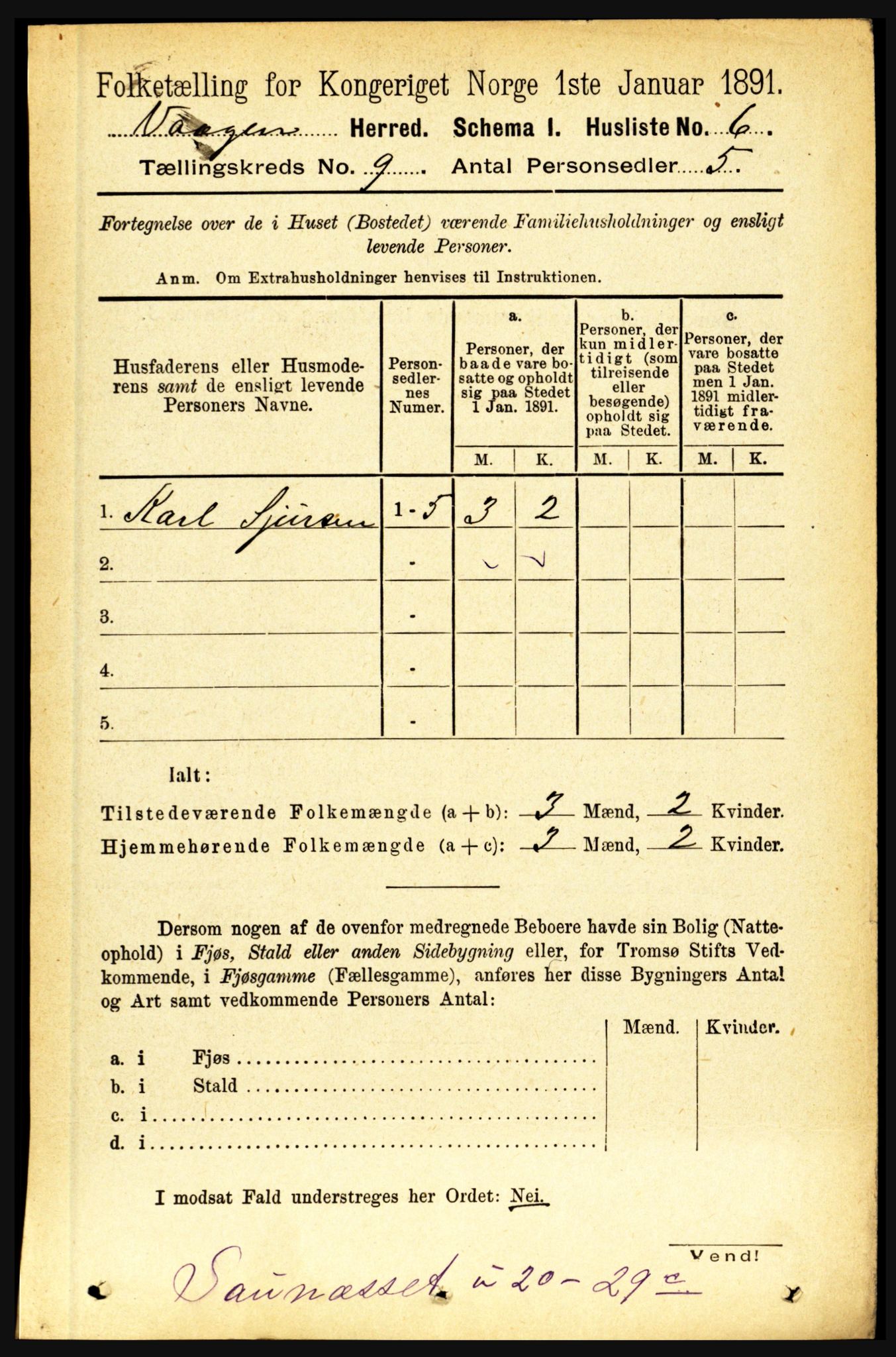 RA, 1891 census for 1865 Vågan, 1891, p. 2221