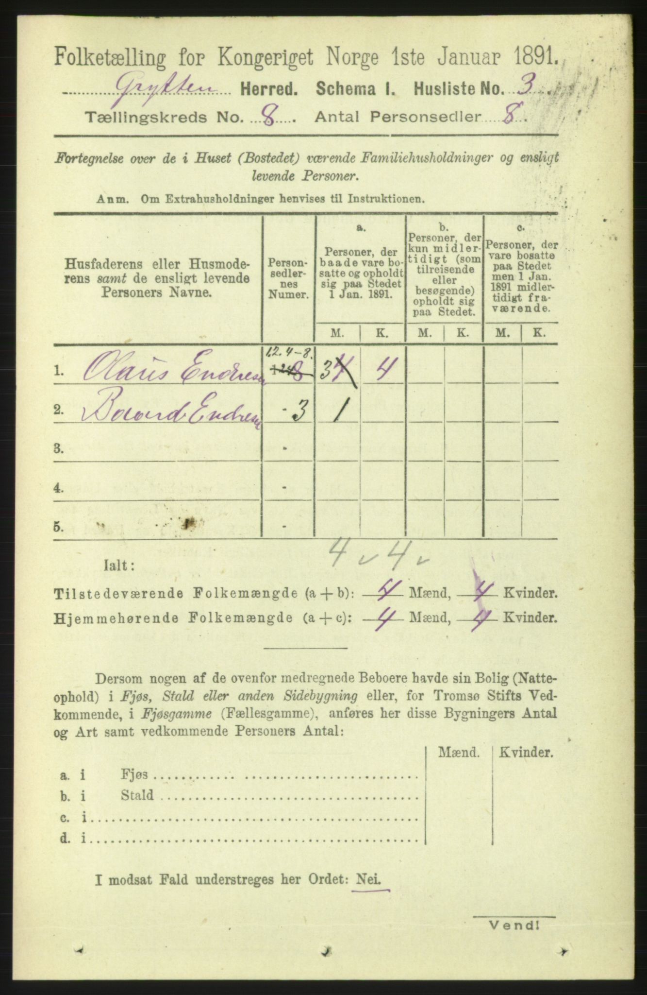 RA, 1891 census for 1539 Grytten, 1891, p. 3136