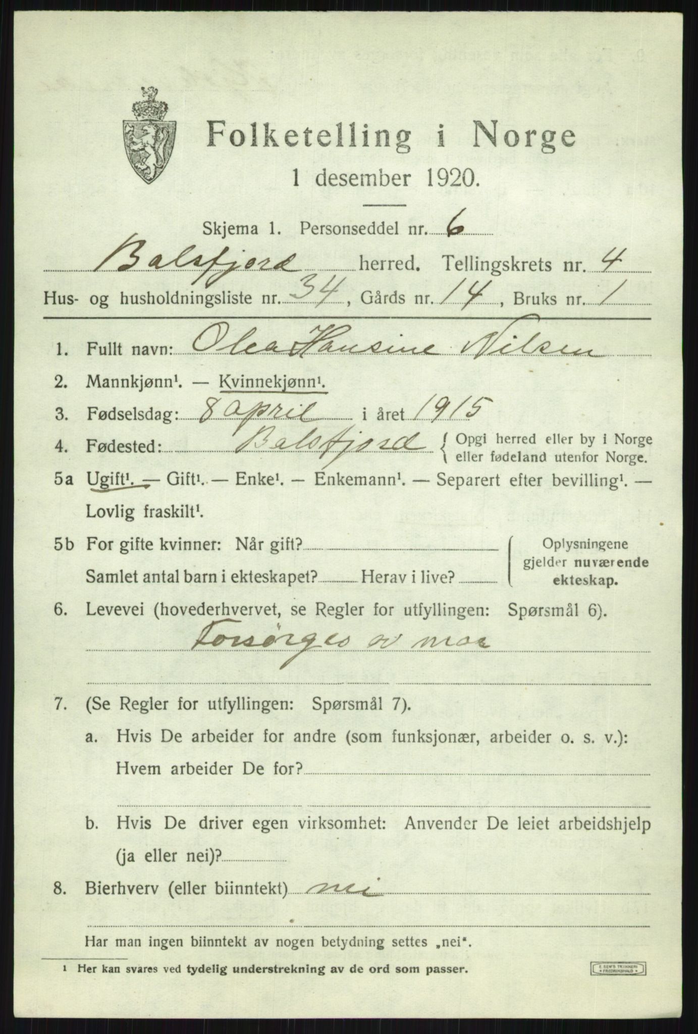 SATØ, 1920 census for Balsfjord, 1920, p. 3101