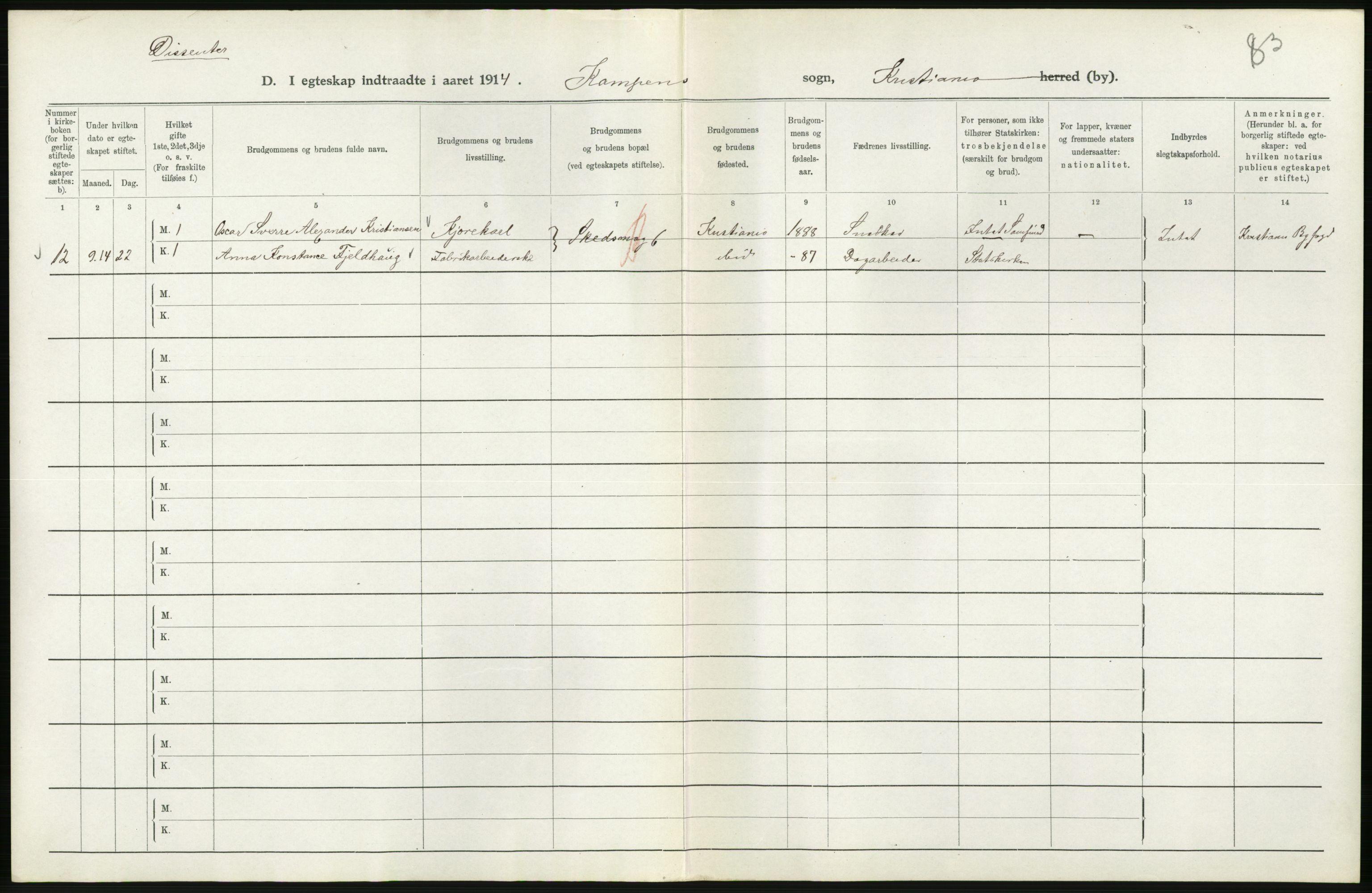 Statistisk sentralbyrå, Sosiodemografiske emner, Befolkning, AV/RA-S-2228/D/Df/Dfb/Dfbd/L0007: Kristiania: Gifte, 1914, p. 254