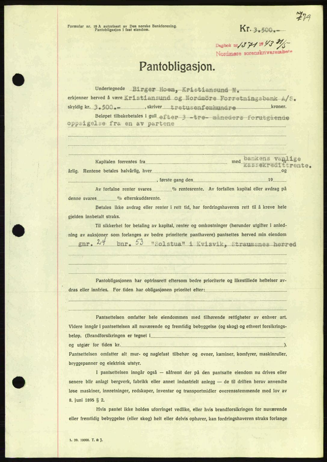 Nordmøre sorenskriveri, AV/SAT-A-4132/1/2/2Ca: Mortgage book no. B90, 1942-1943, Diary no: : 1371/1943