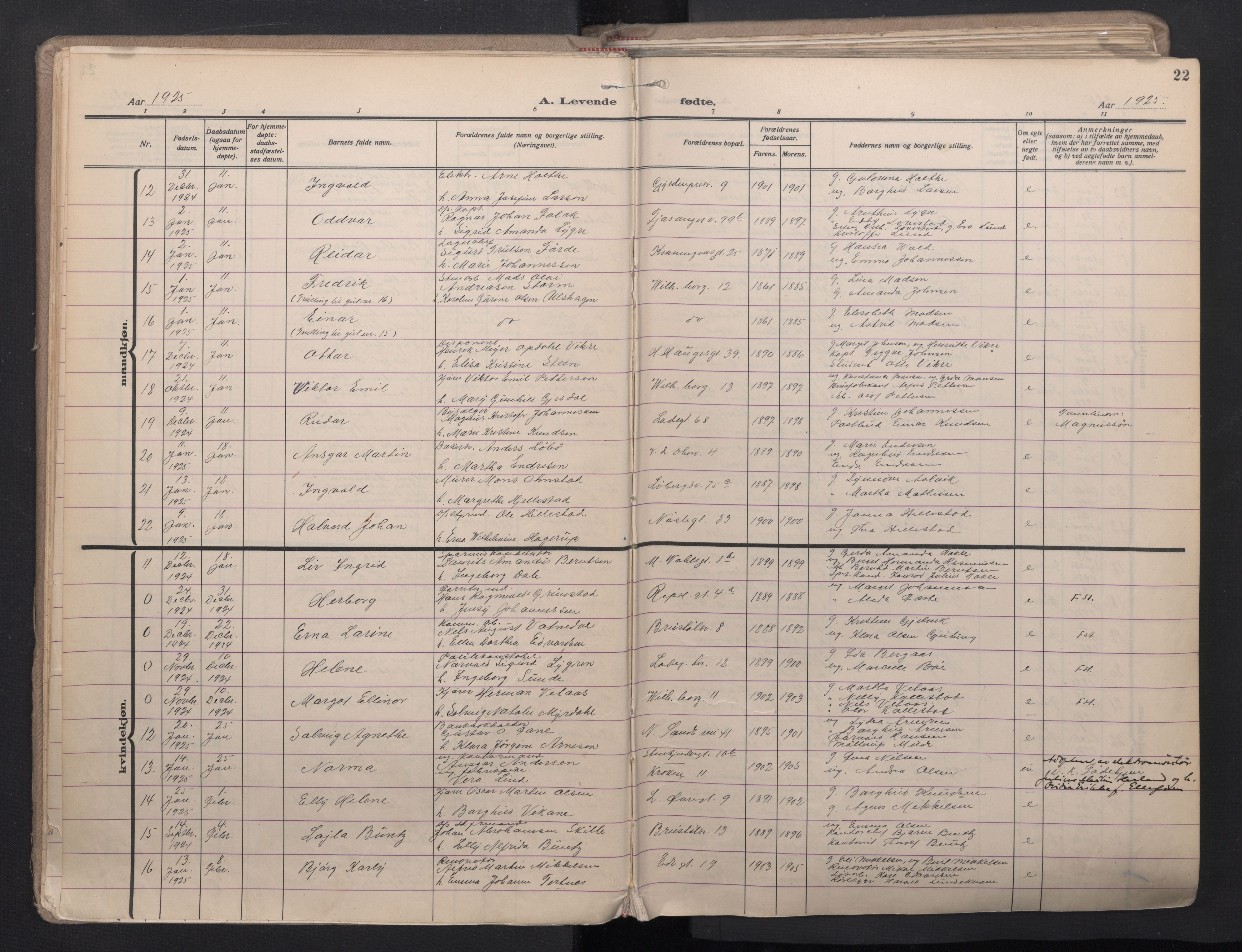 Sandviken Sokneprestembete, SAB/A-77601/H/Ha/L0008: Parish register (official) no. B 5, 1924-1944, p. 22