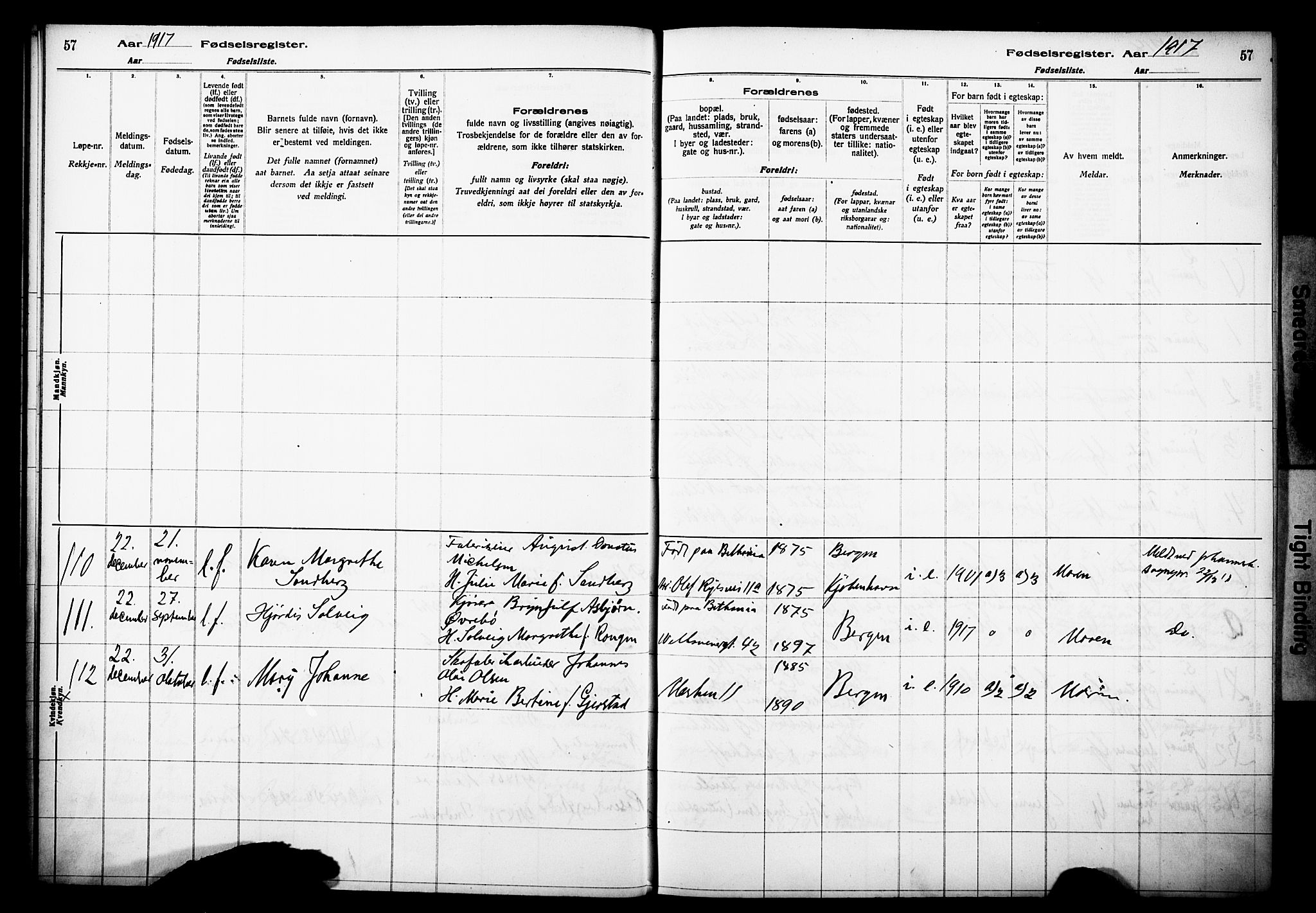 Domkirken sokneprestembete, AV/SAB-A-74801/I/Id/L00A1: Birth register no. A 1, 1916-1923, p. 57