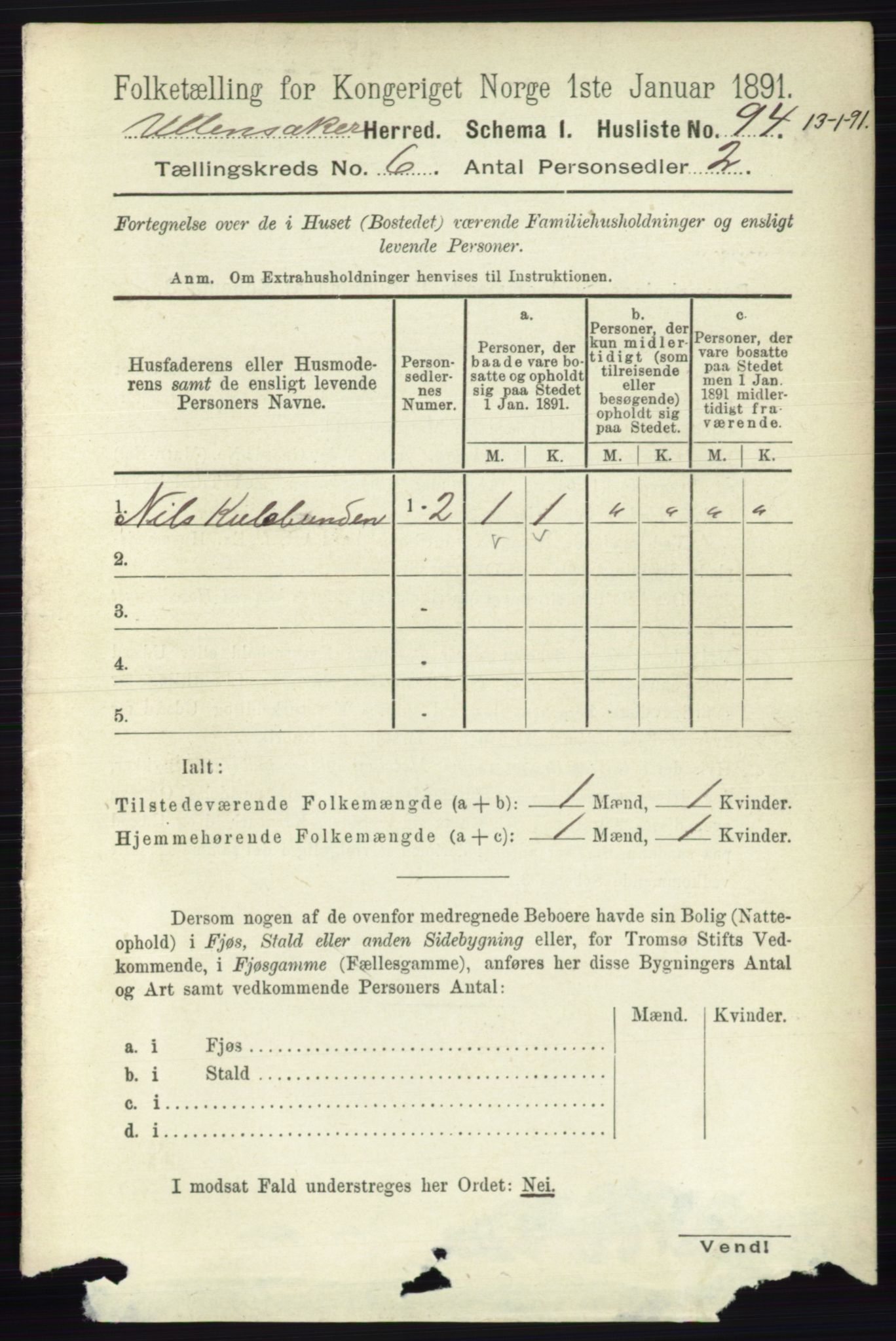 RA, 1891 census for 0235 Ullensaker, 1891, p. 2531