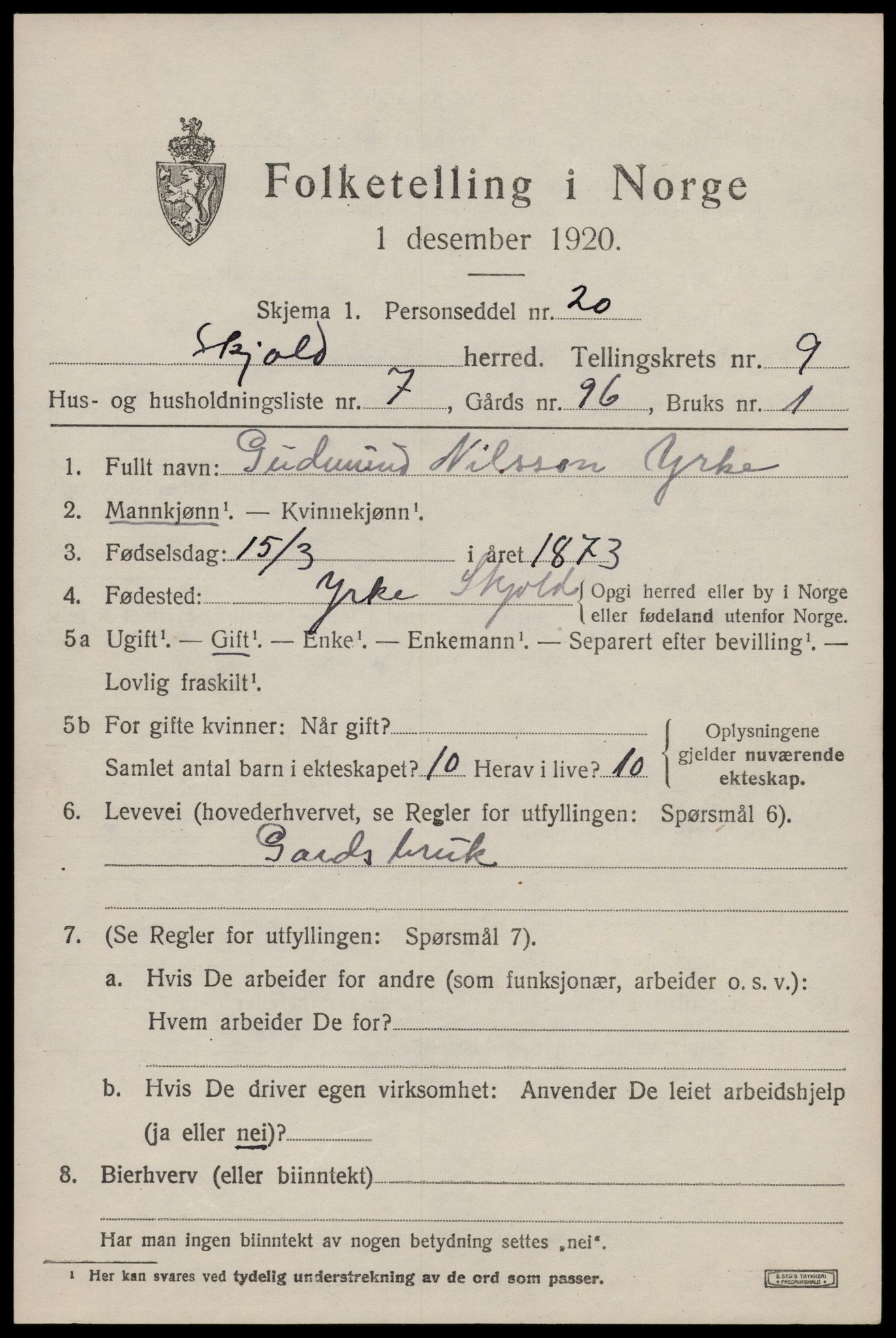 SAST, 1920 census for Skjold, 1920, p. 4424