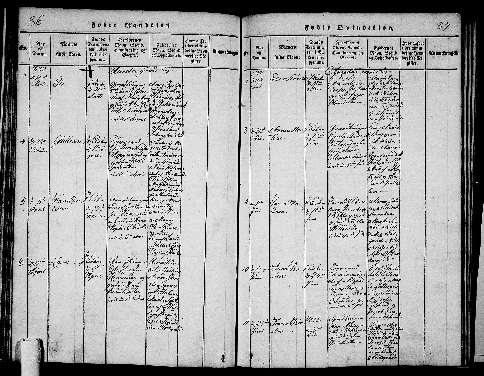 Andebu kirkebøker, AV/SAKO-A-336/G/Ga/L0002: Parish register (copy) no. I 2 /1, 1823-1832, p. 86-87