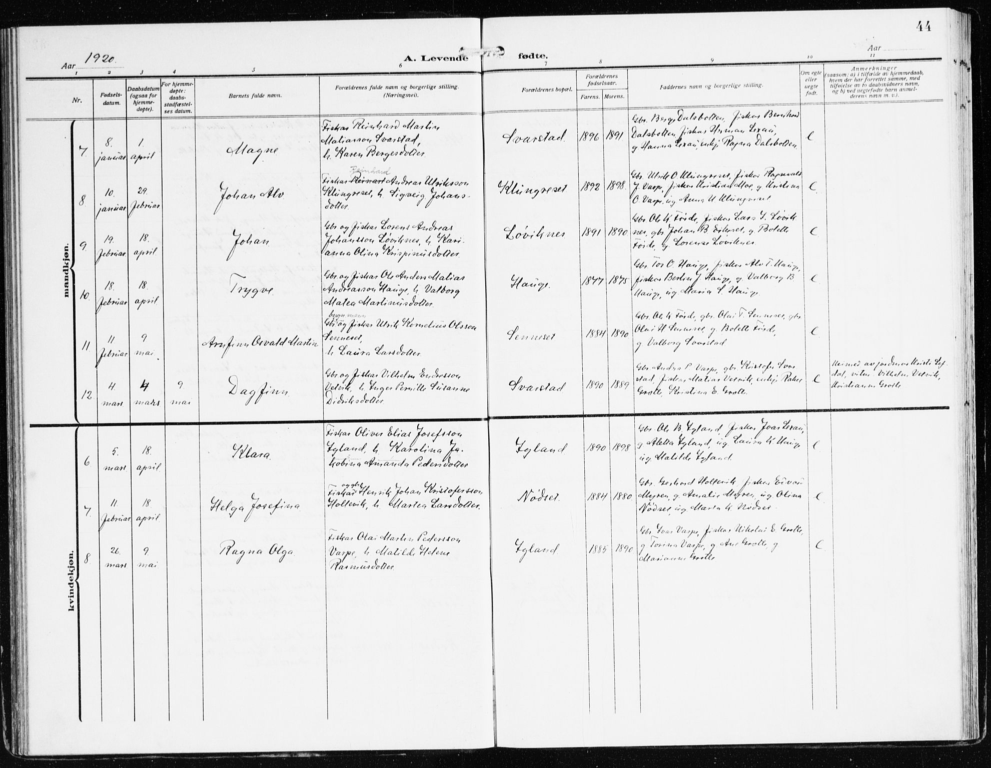 Bremanger sokneprestembete, AV/SAB-A-82201/H/Haa/Haac/L0001: Parish register (official) no. C 1, 1908-1921, p. 44