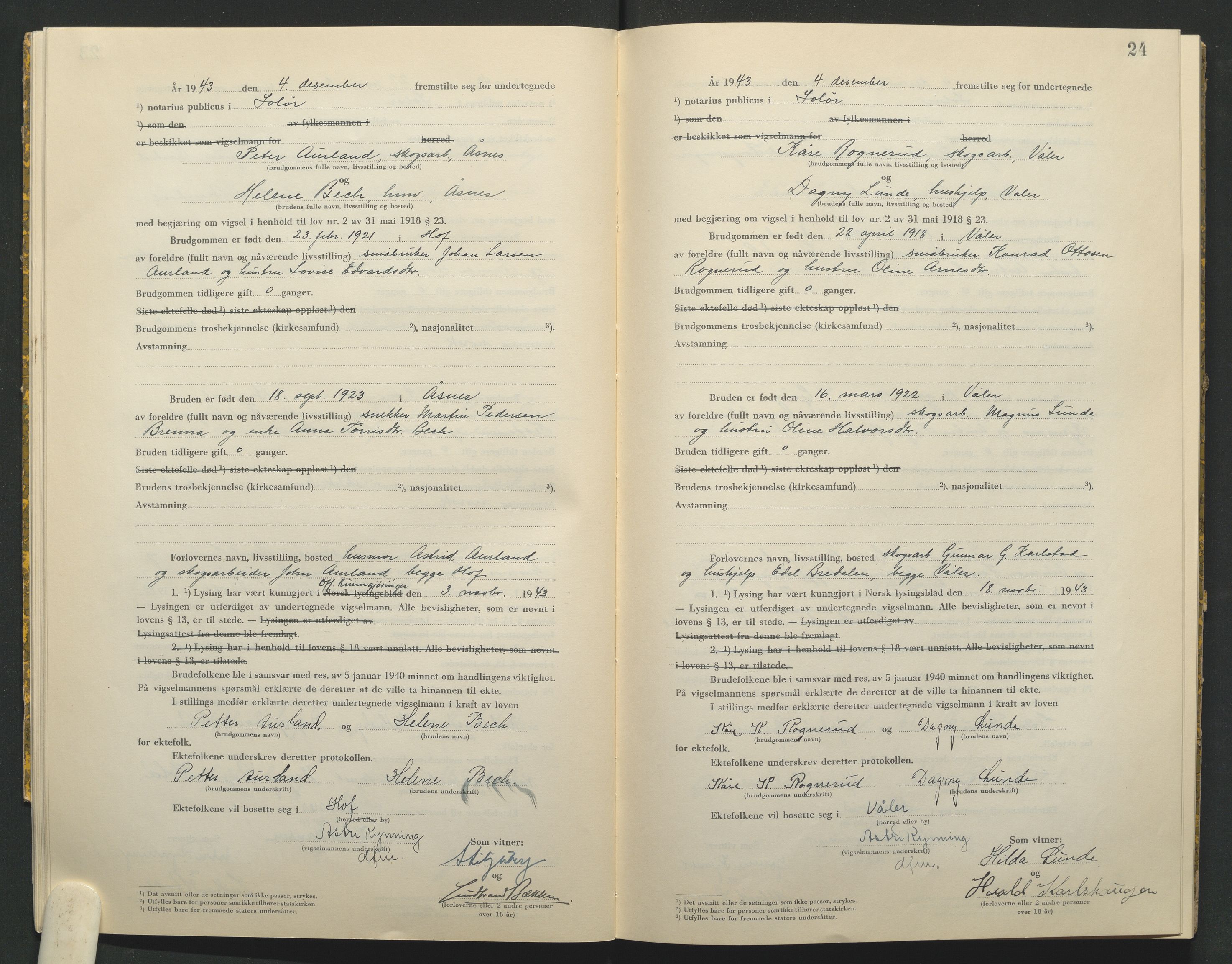 Solør tingrett, AV/SAH-TING-008/L/Lb/L0002: Vigselprotokoll, 1943-1944, p. 24