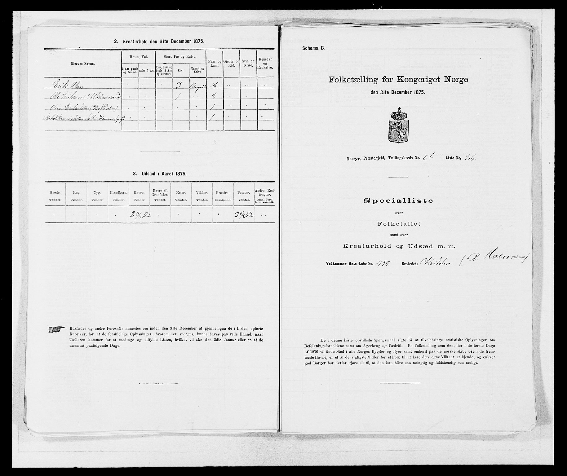 SAB, 1875 census for 1261P Manger, 1875, p. 928