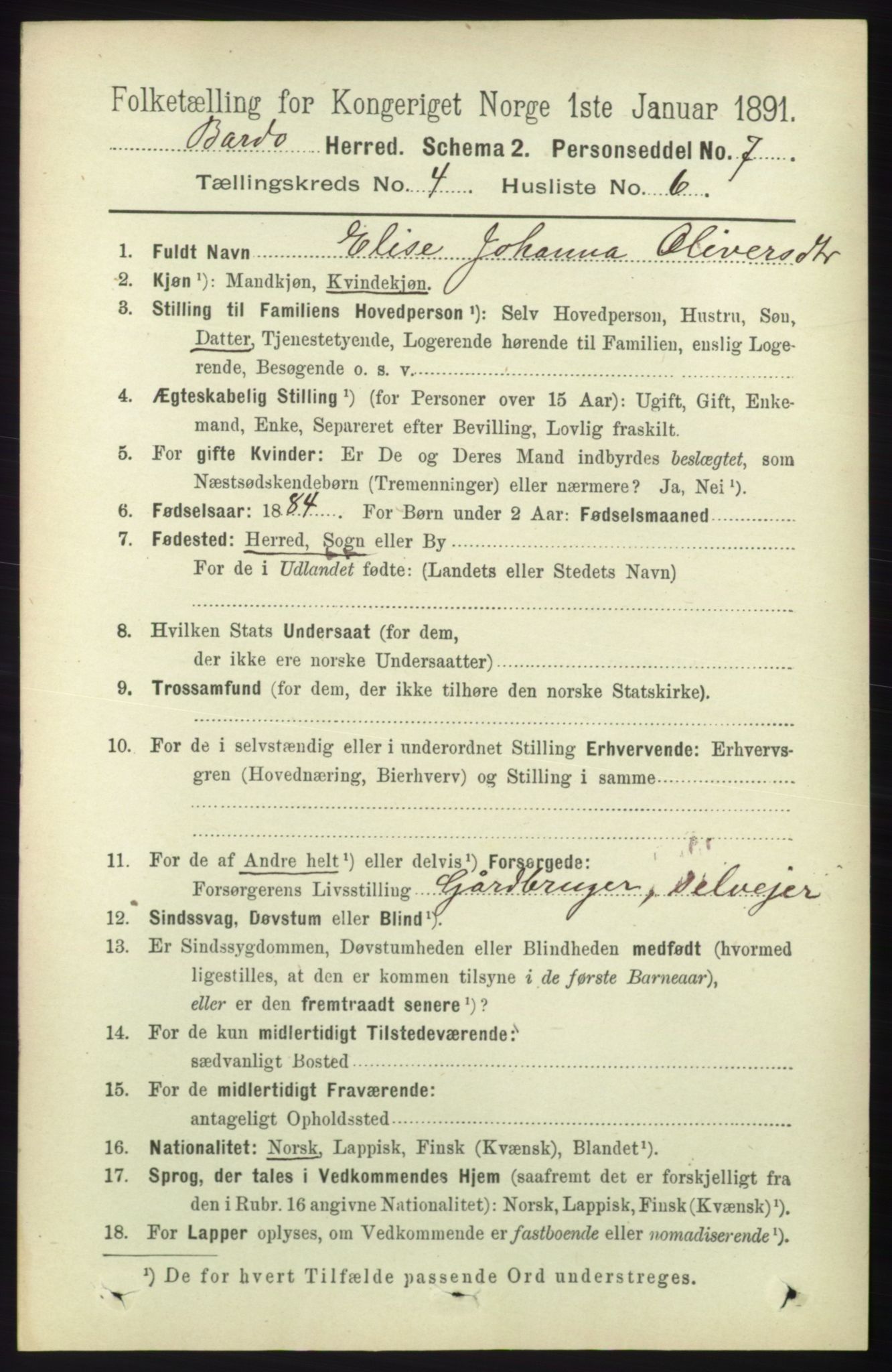 RA, 1891 census for 1922 Bardu, 1891, p. 1364