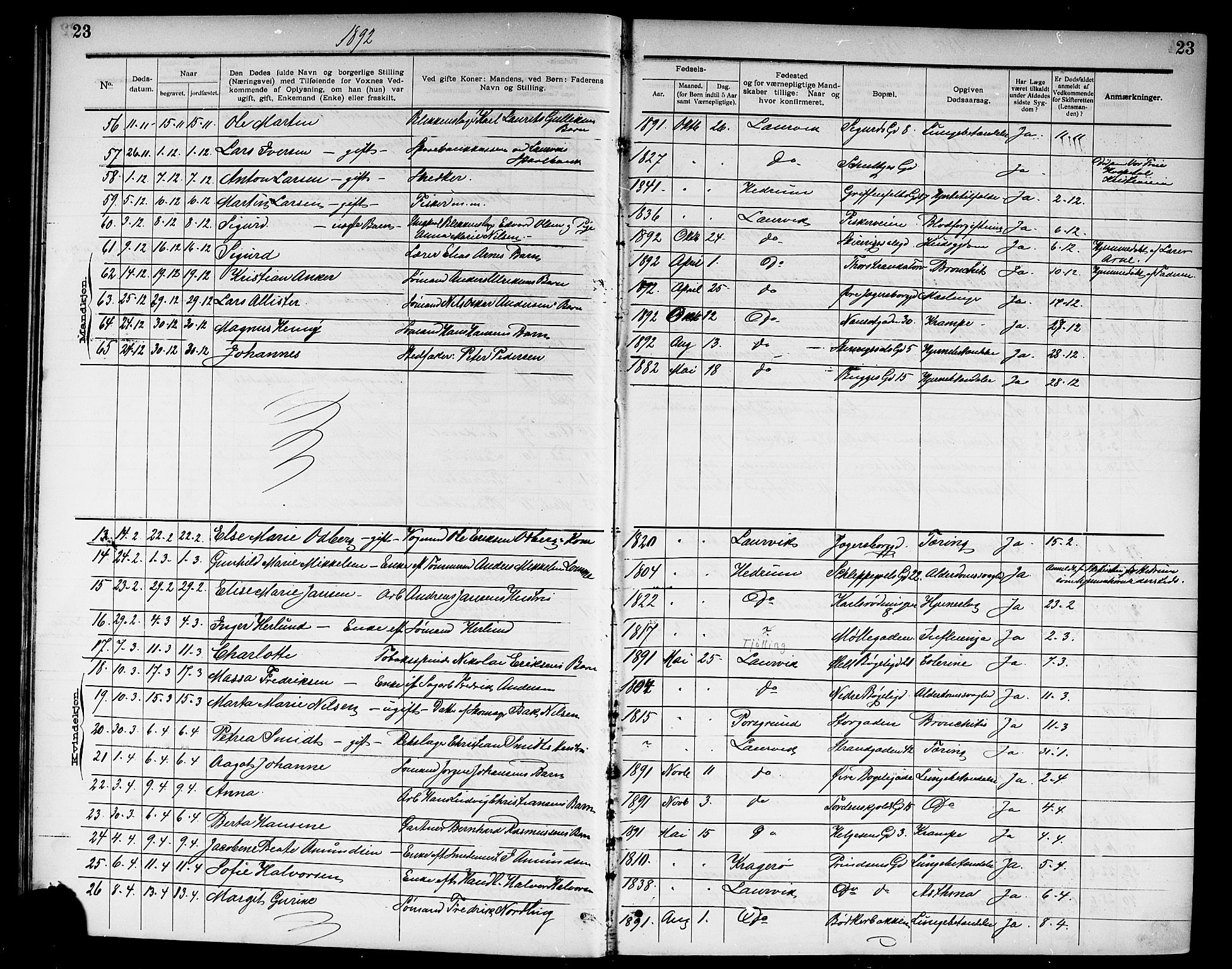 Larvik kirkebøker, SAKO/A-352/G/Ga/L0007: Parish register (copy) no. I 7, 1888-1918, p. 23