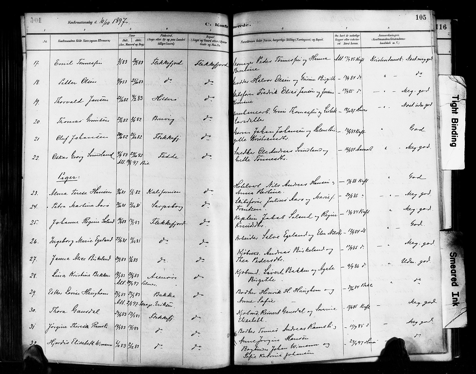 Flekkefjord sokneprestkontor, SAK/1111-0012/F/Fa/Faa/L0001: Parish register (official) no. A 1, 1885-1900, p. 105