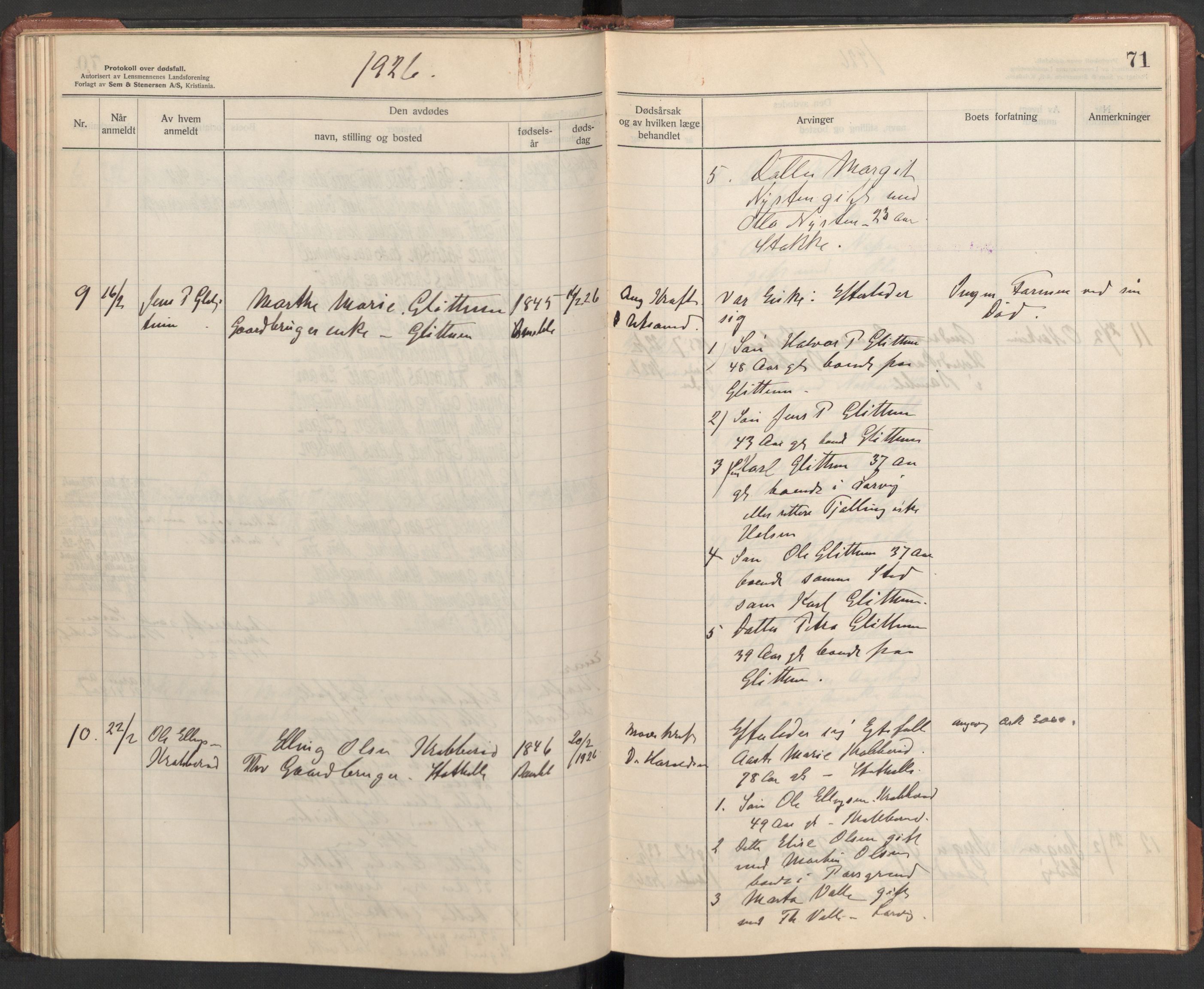 Bamble lensmannskontor, AV/SAKO-A-552/H/Ha/Haa/L0004: Dødsfallsprotokoll, 1923-1926, p. 71