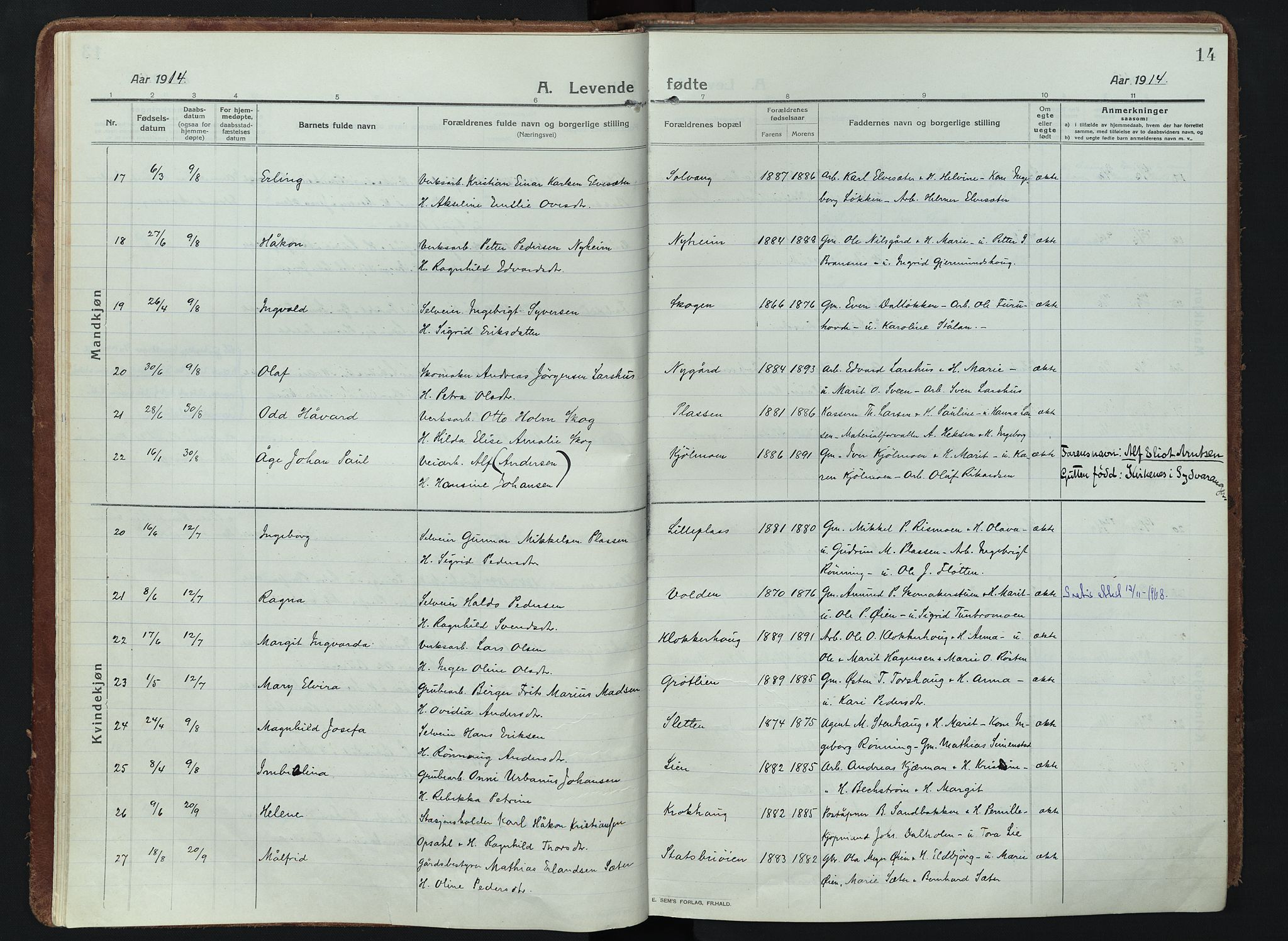 Alvdal prestekontor, AV/SAH-PREST-060/H/Ha/Haa/L0005: Parish register (official) no. 5, 1913-1930, p. 14