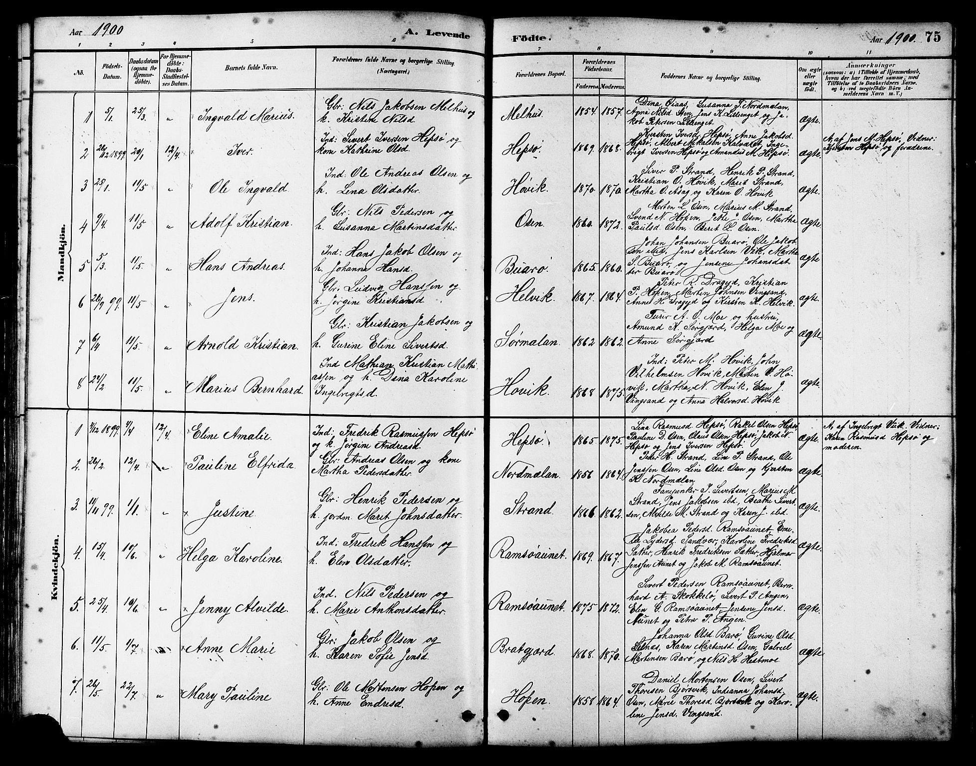 Ministerialprotokoller, klokkerbøker og fødselsregistre - Sør-Trøndelag, SAT/A-1456/658/L0726: Parish register (copy) no. 658C02, 1883-1908, p. 75