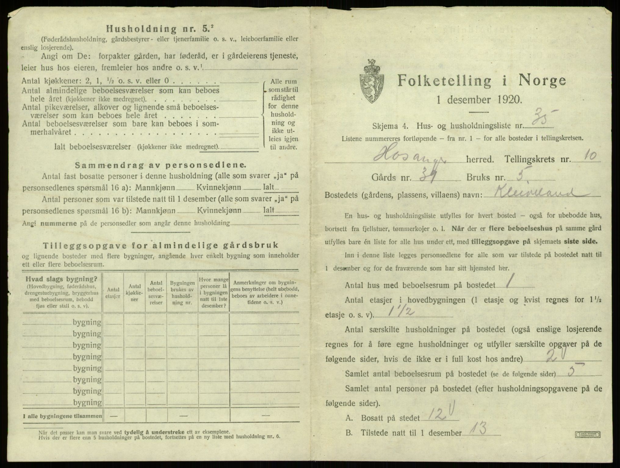 SAB, 1920 census for Hosanger, 1920, p. 606