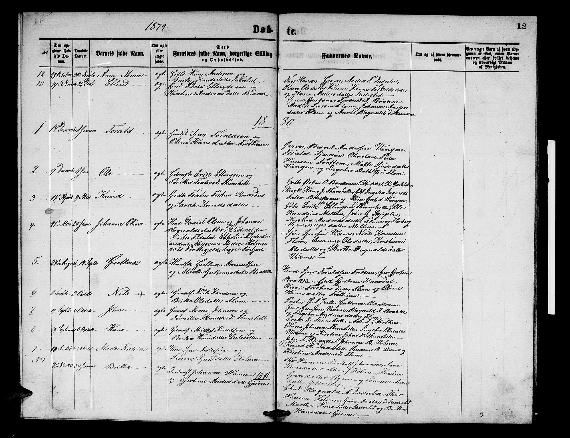 Aurland sokneprestembete, SAB/A-99937/H/Hb/Hbb/L0001: Parish register (copy) no. B 1, 1868-1887, p. 12
