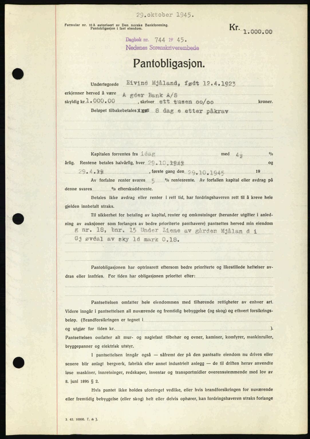 Nedenes sorenskriveri, SAK/1221-0006/G/Gb/Gbb/L0003: Mortgage book no. B3a, 1945-1945, Diary no: : 744/1945