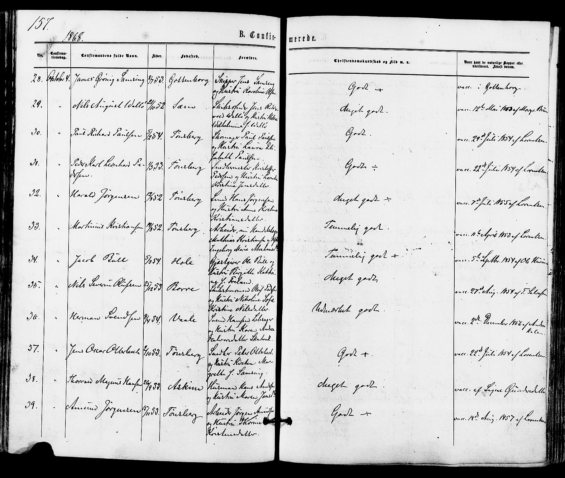 Tønsberg kirkebøker, SAKO/A-330/F/Fa/L0009: Parish register (official) no. I 9, 1865-1873, p. 157