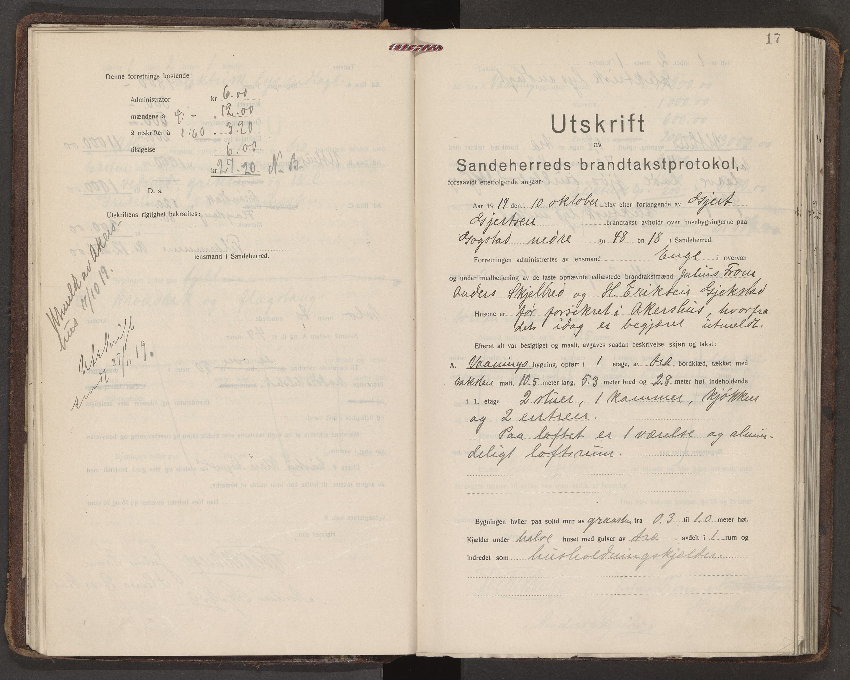 Sandar lensmannskontor, AV/SAKO-A-545/Y/Yc/Yca/L0010: Branntakstprotokoll, 1919-1920, p. 17