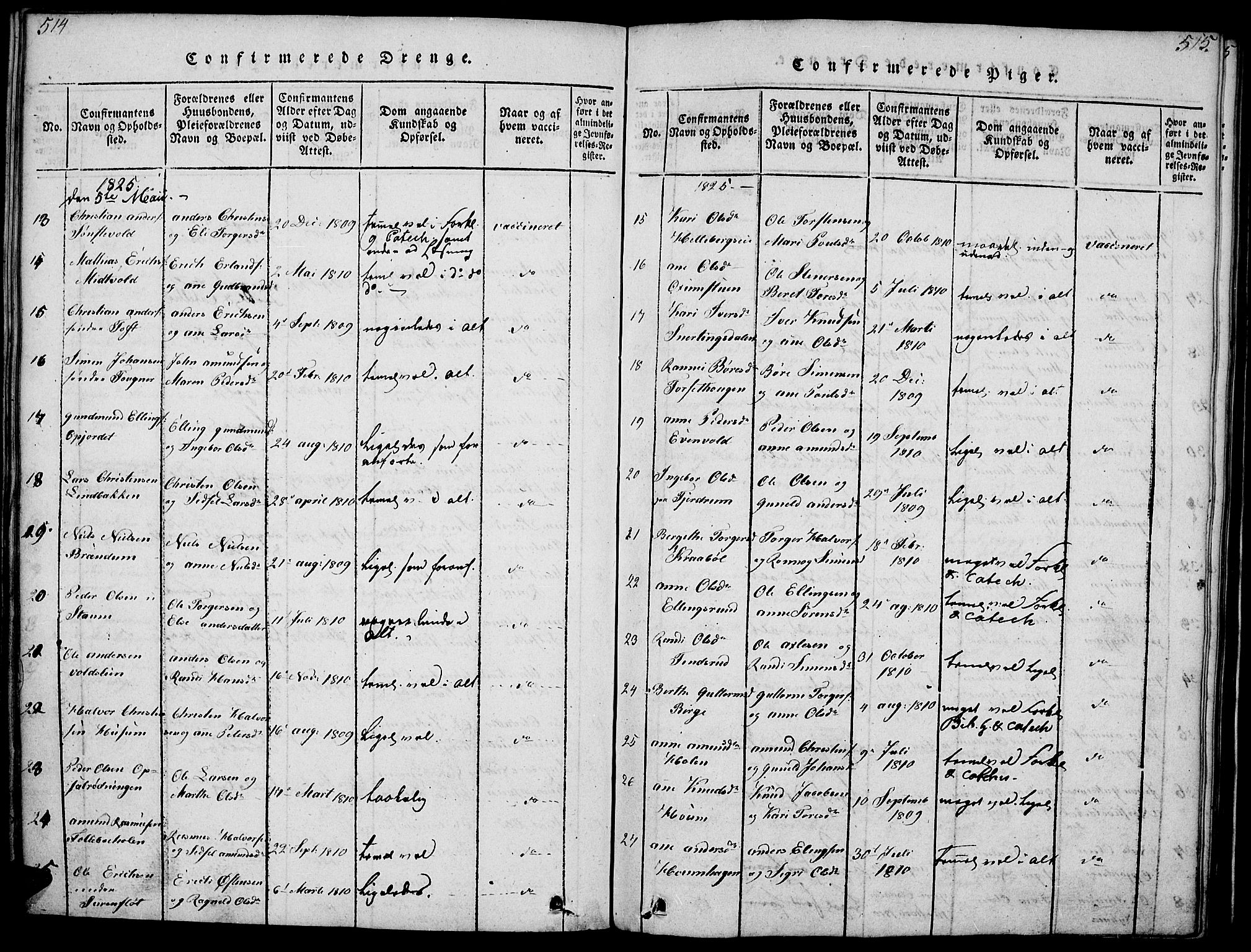Gausdal prestekontor, SAH/PREST-090/H/Ha/Haa/L0005: Parish register (official) no. 5, 1817-1829, p. 514-515