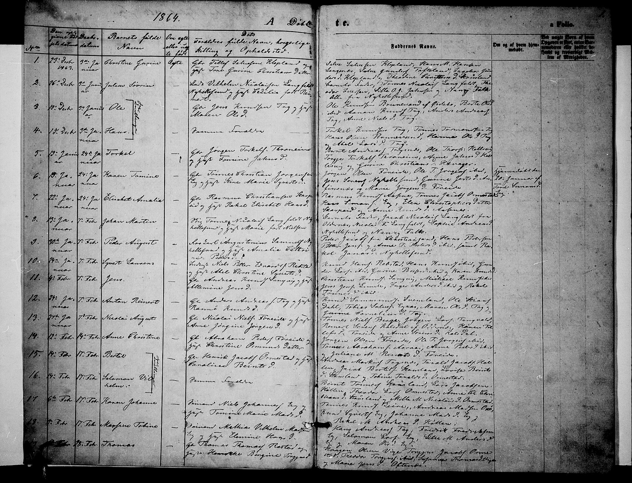 Søgne sokneprestkontor, SAK/1111-0037/F/Fb/Fbb/L0004: Parish register (copy) no. B 4, 1864-1883, p. 1