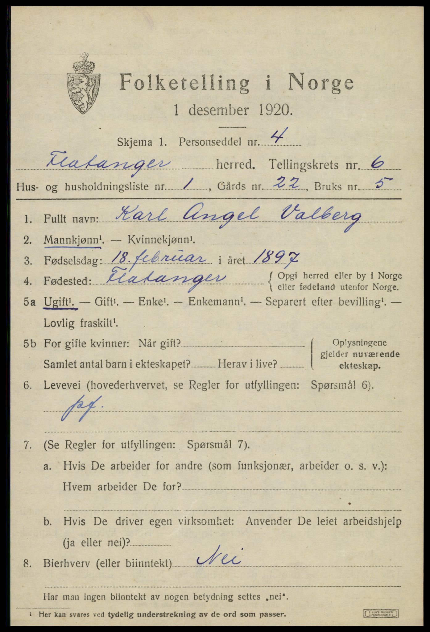 SAT, 1920 census for Flatanger, 1920, p. 2798